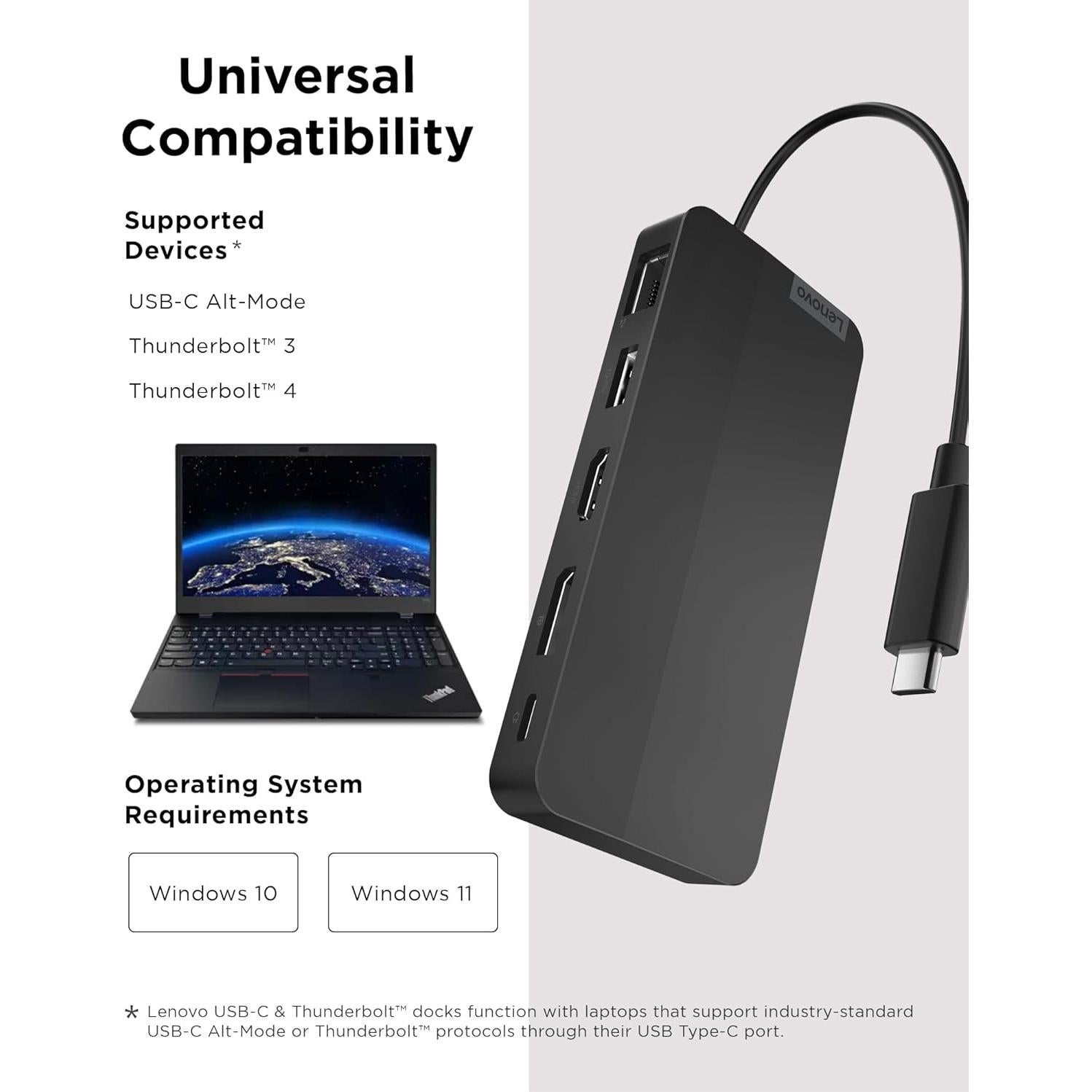 Dock de Viaje USB-C Lenovo - 7 Puertos, Duales Pantallas 4K