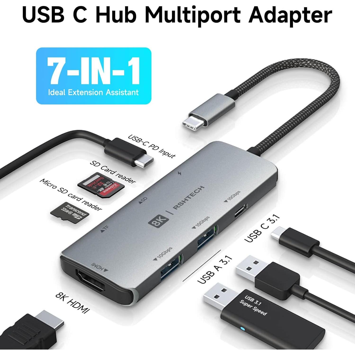 Hub USB C 7 en 1 RSHTECH RSH-T02 con HDMI 8K y 100W
