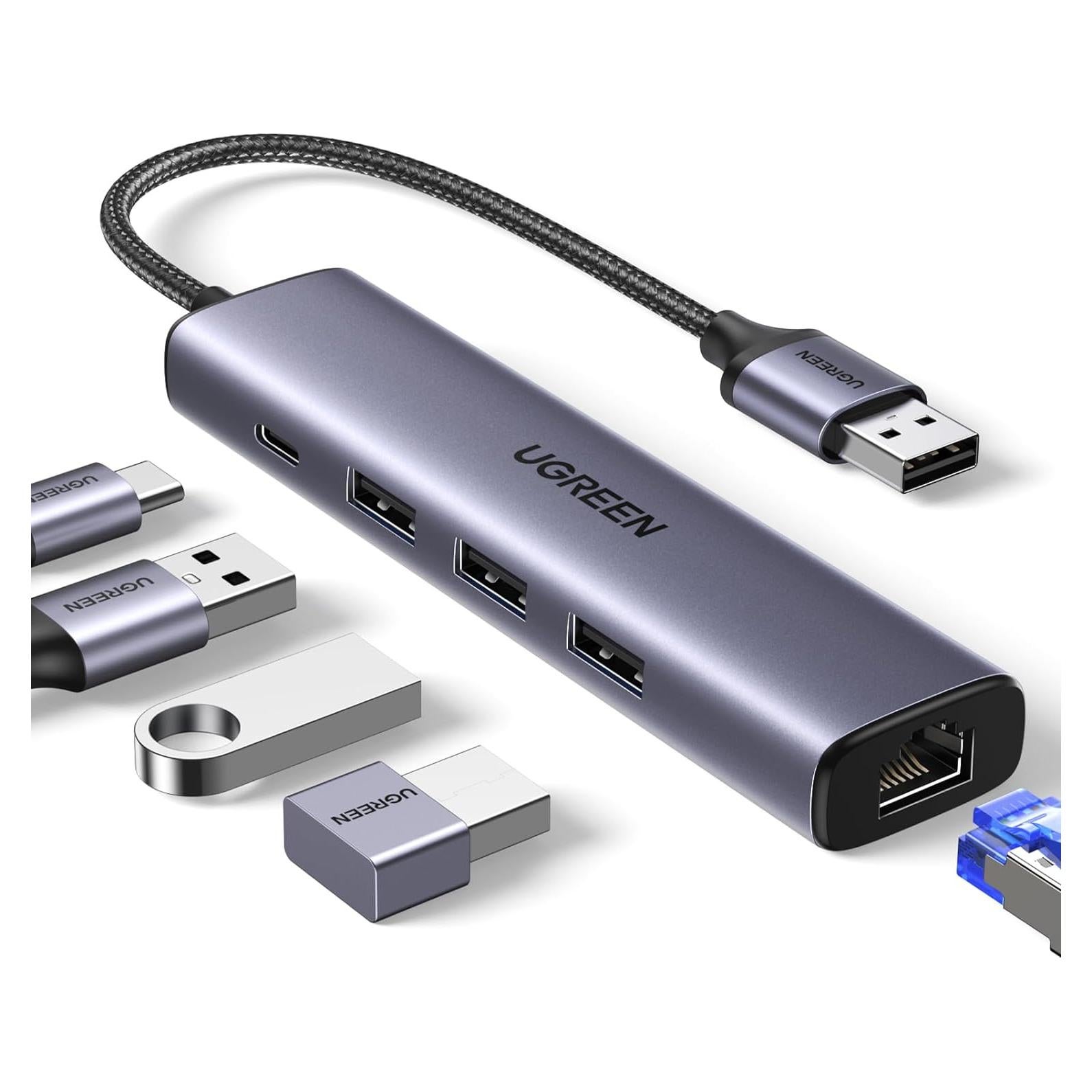 Adaptador USB a Ethernet UGREEN 5 en 1 con 3 Puertos USB 3.0