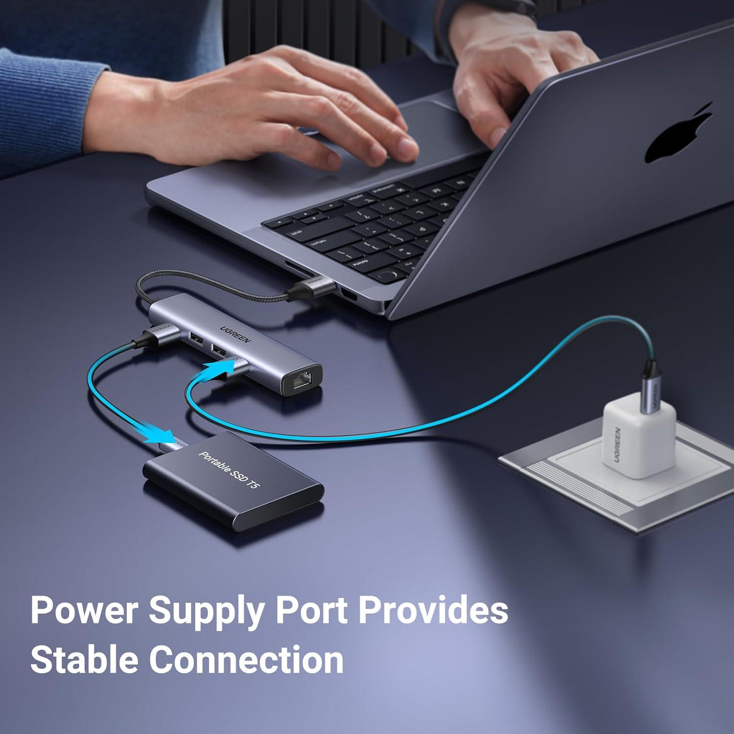 Adaptador USB a Ethernet UGREEN 5 en 1 con 3 Puertos USB 3.0