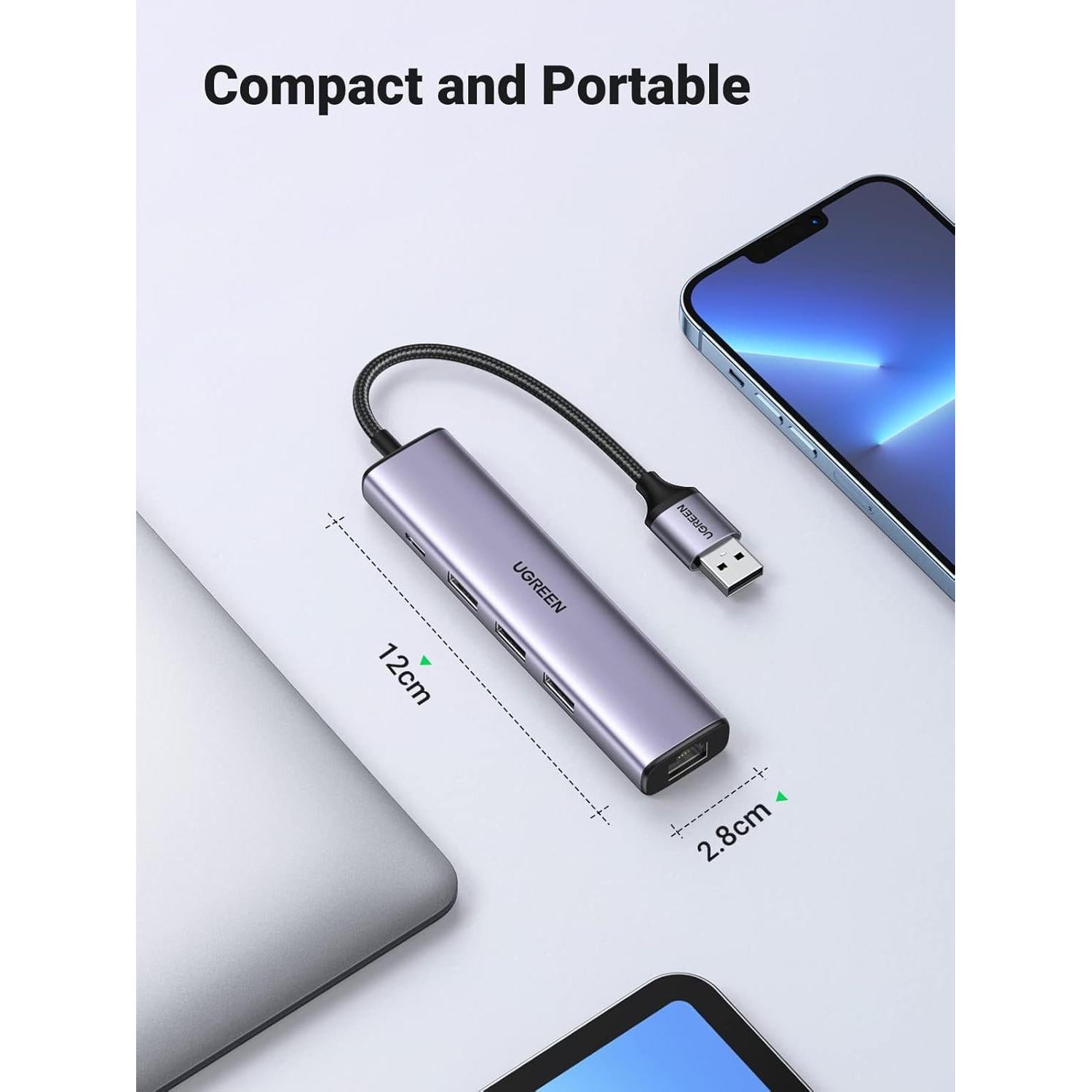 Adaptador USB a Ethernet UGREEN 5 en 1 con 3 Puertos USB 3.0