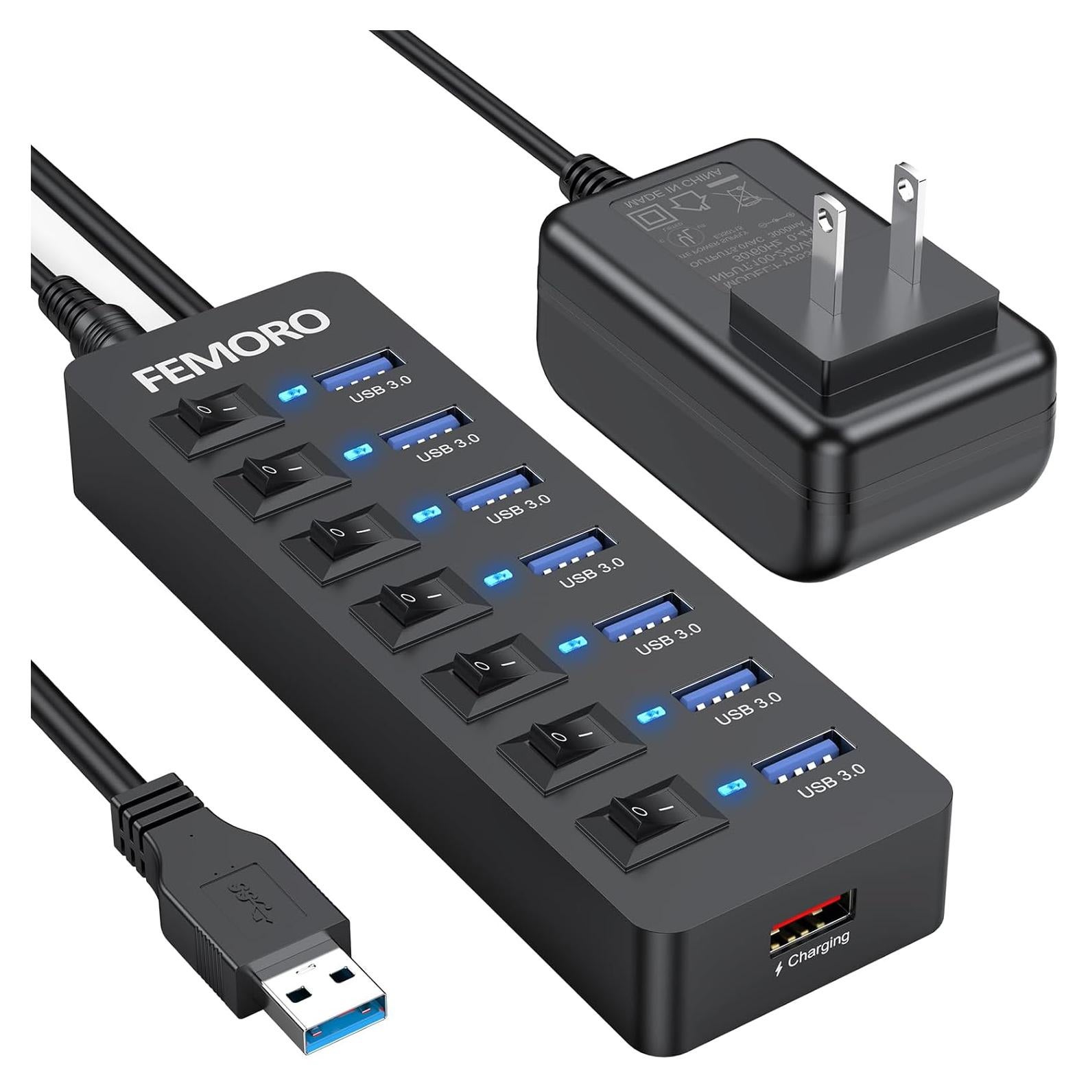 Hub USB 3.0 Alimentado FEMORO 7 Puertos 12W Carga Adaptador