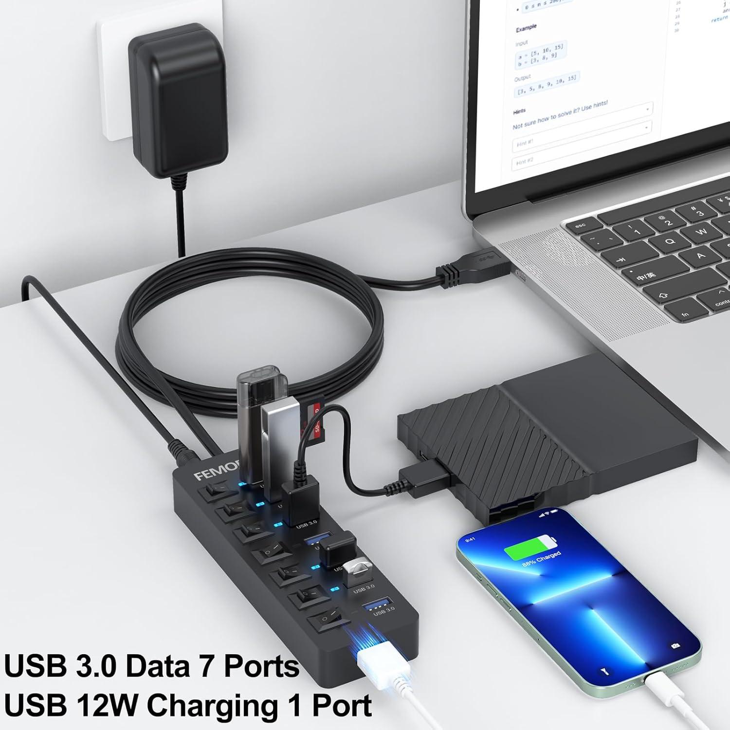 Hub USB 3.0 Alimentado FEMORO 7 Puertos 12W Carga Adaptador