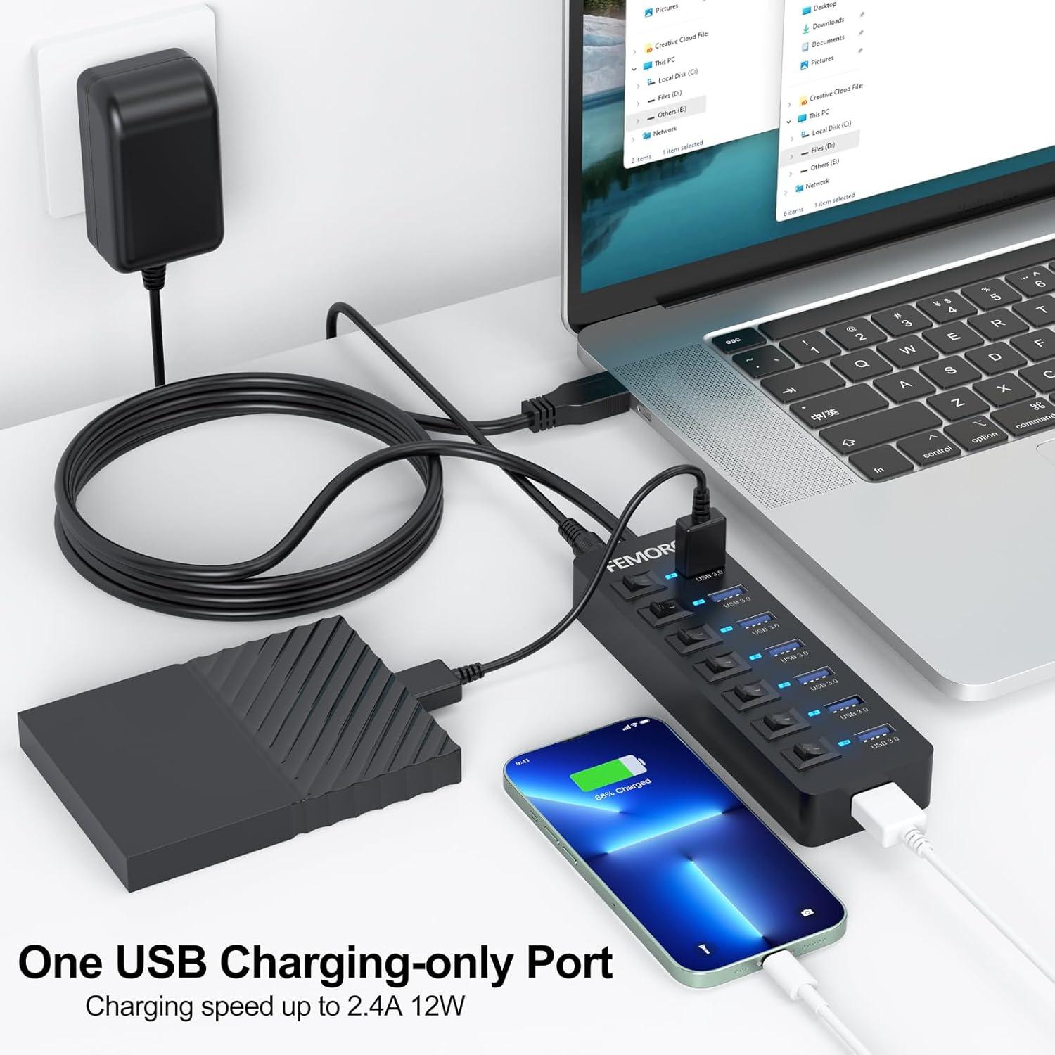 Hub USB 3.0 Alimentado FEMORO 7 Puertos 12W Carga Adaptador