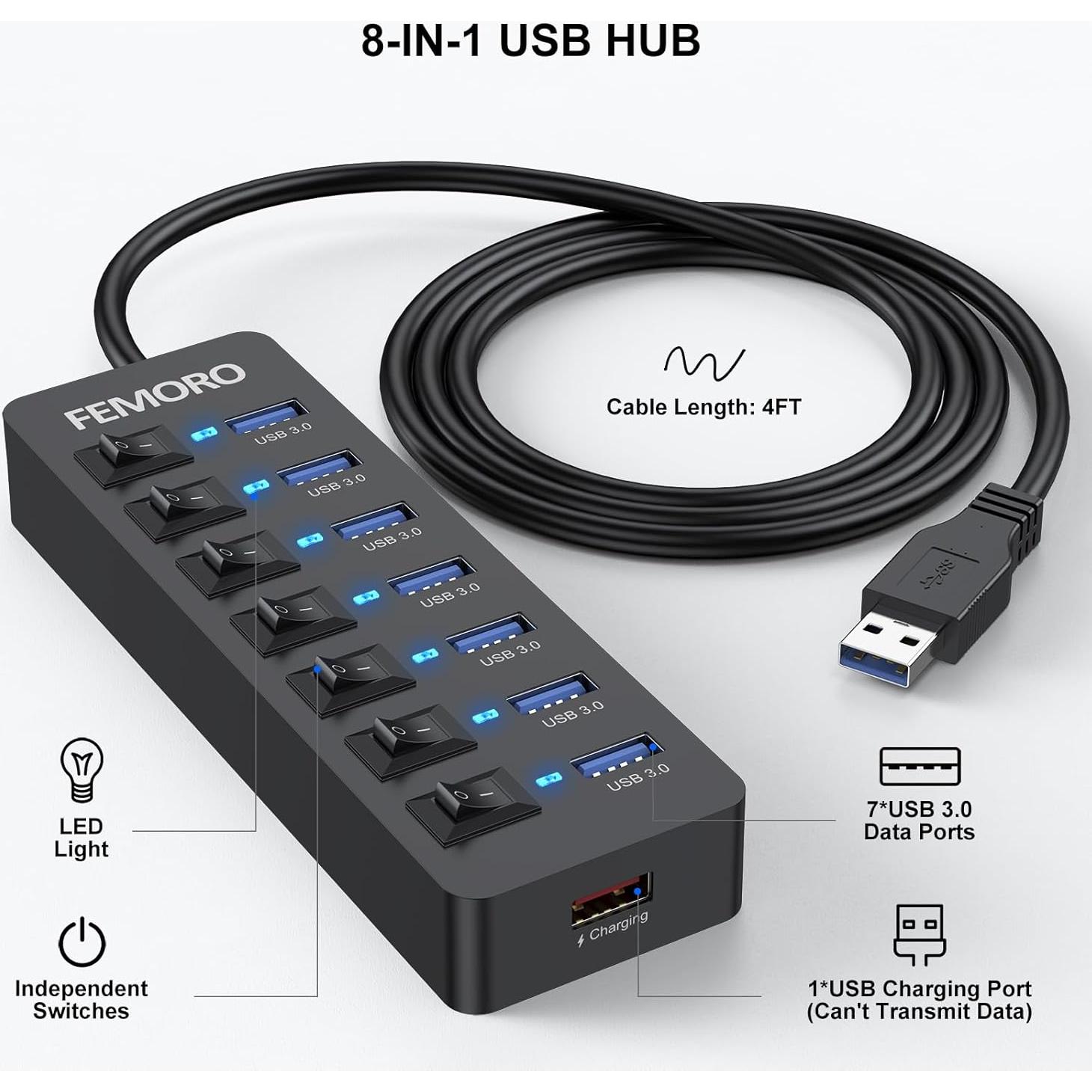 Hub USB 3.0 Alimentado FEMORO 7 Puertos 12W Carga Adaptador