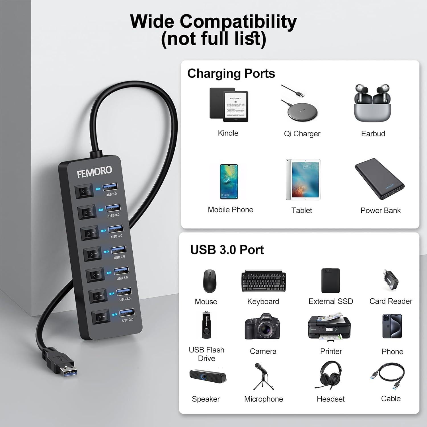 Hub USB 3.0 Alimentado FEMORO 7 Puertos 12W Carga Adaptador