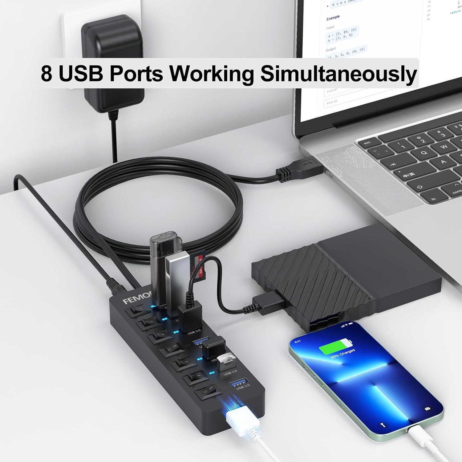 Hub USB 3.0 Alimentado FEMORO 7 Puertos 12W Carga Adaptador