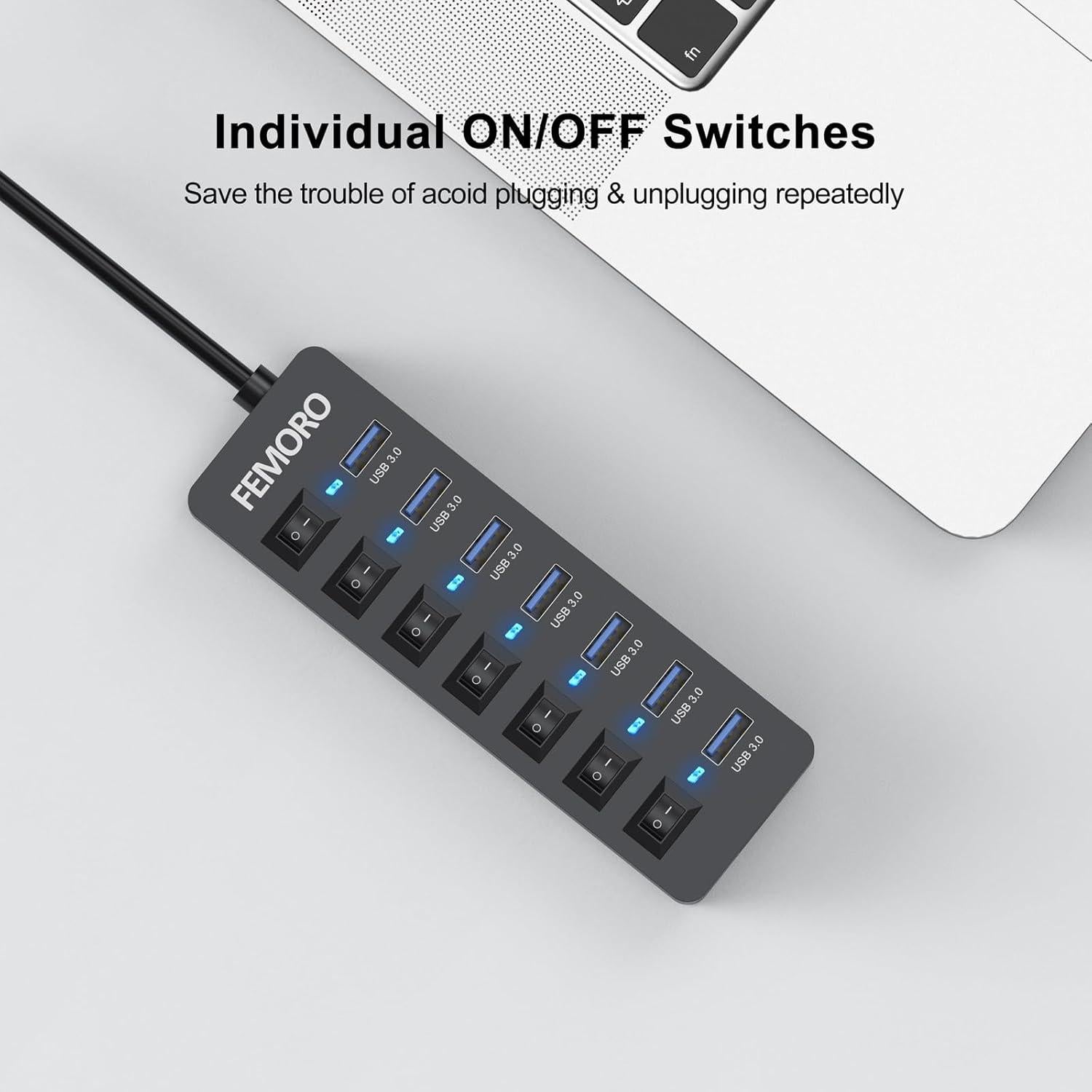 Hub USB 3.0 Alimentado FEMORO 7 Puertos 12W Carga Adaptador