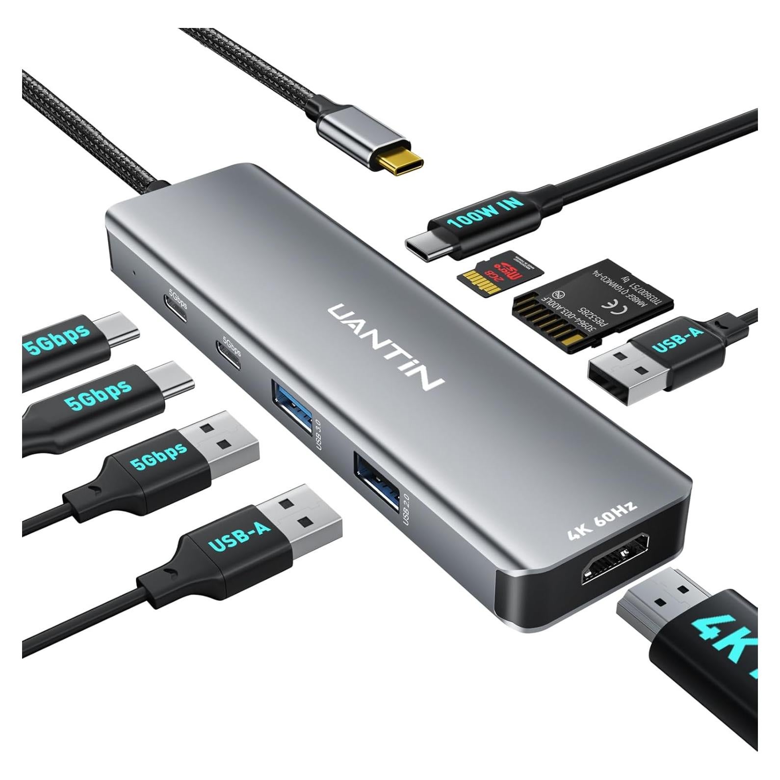 Hub USB C 9-en-1 UANTIN con HDMI 4K, 5 Puertos USB y Carga 100W