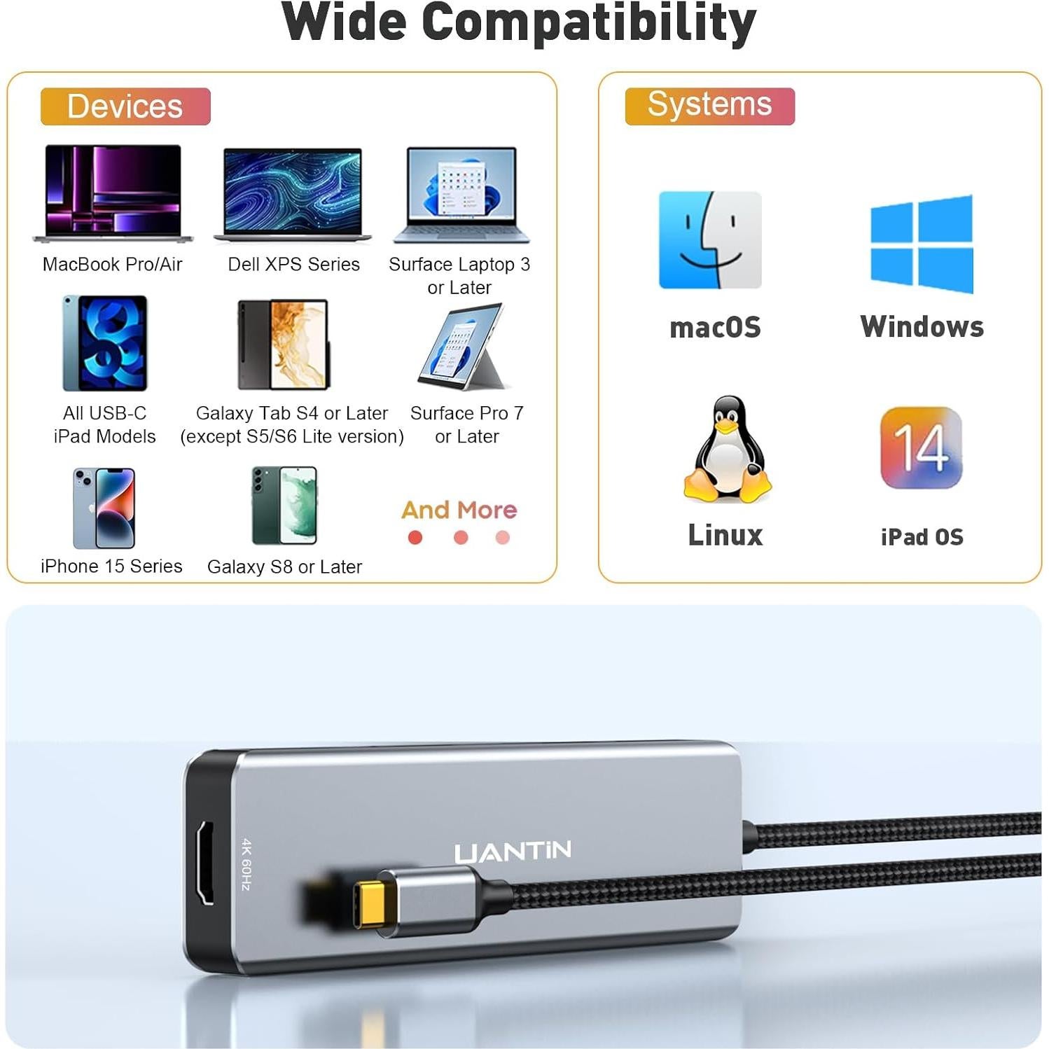 Hub USB C 9-en-1 UANTIN con HDMI 4K, 5 Puertos USB y Carga 100W
