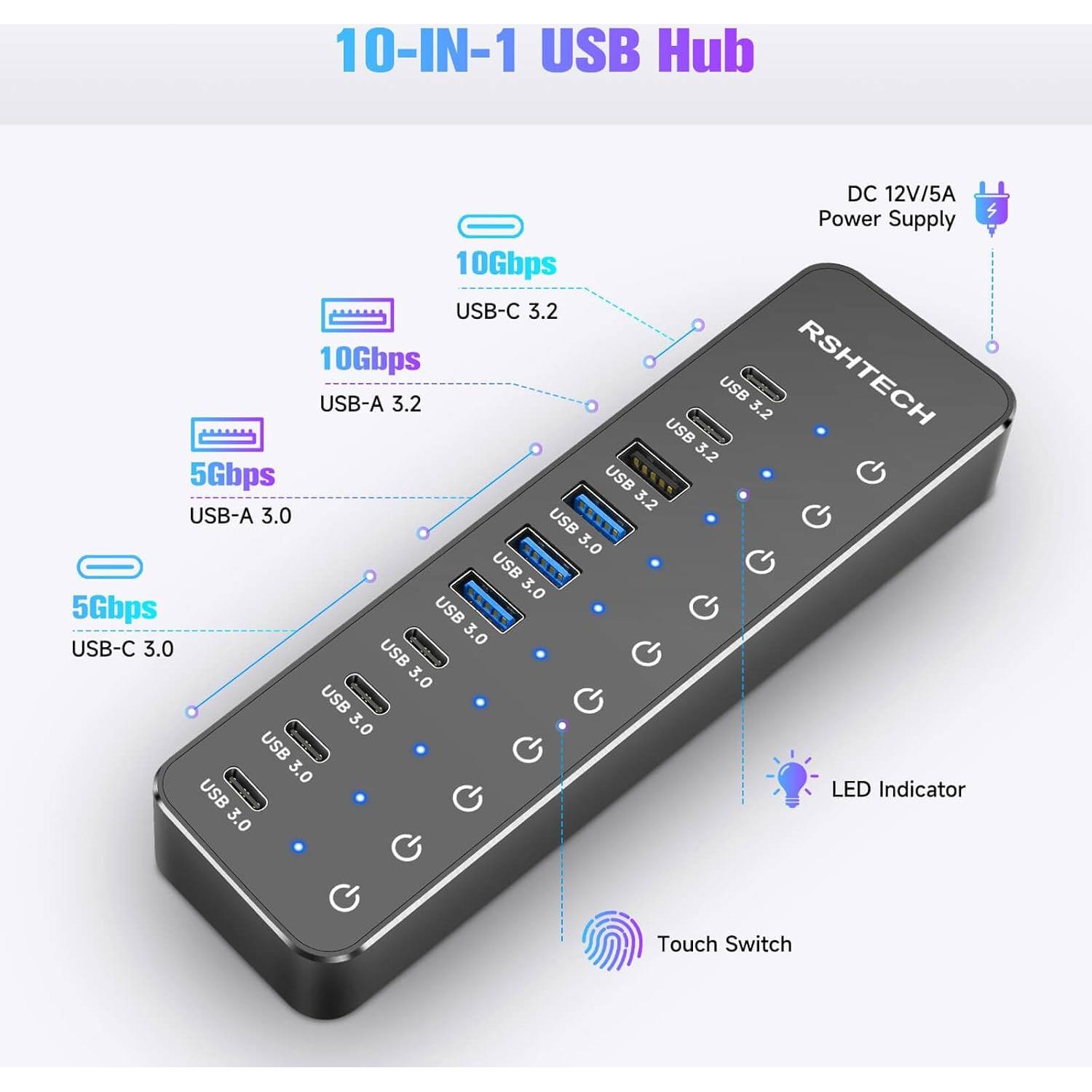 Hub USB 3.2 RSHTECH 10 Puertos 60W con Interruptores Táctiles