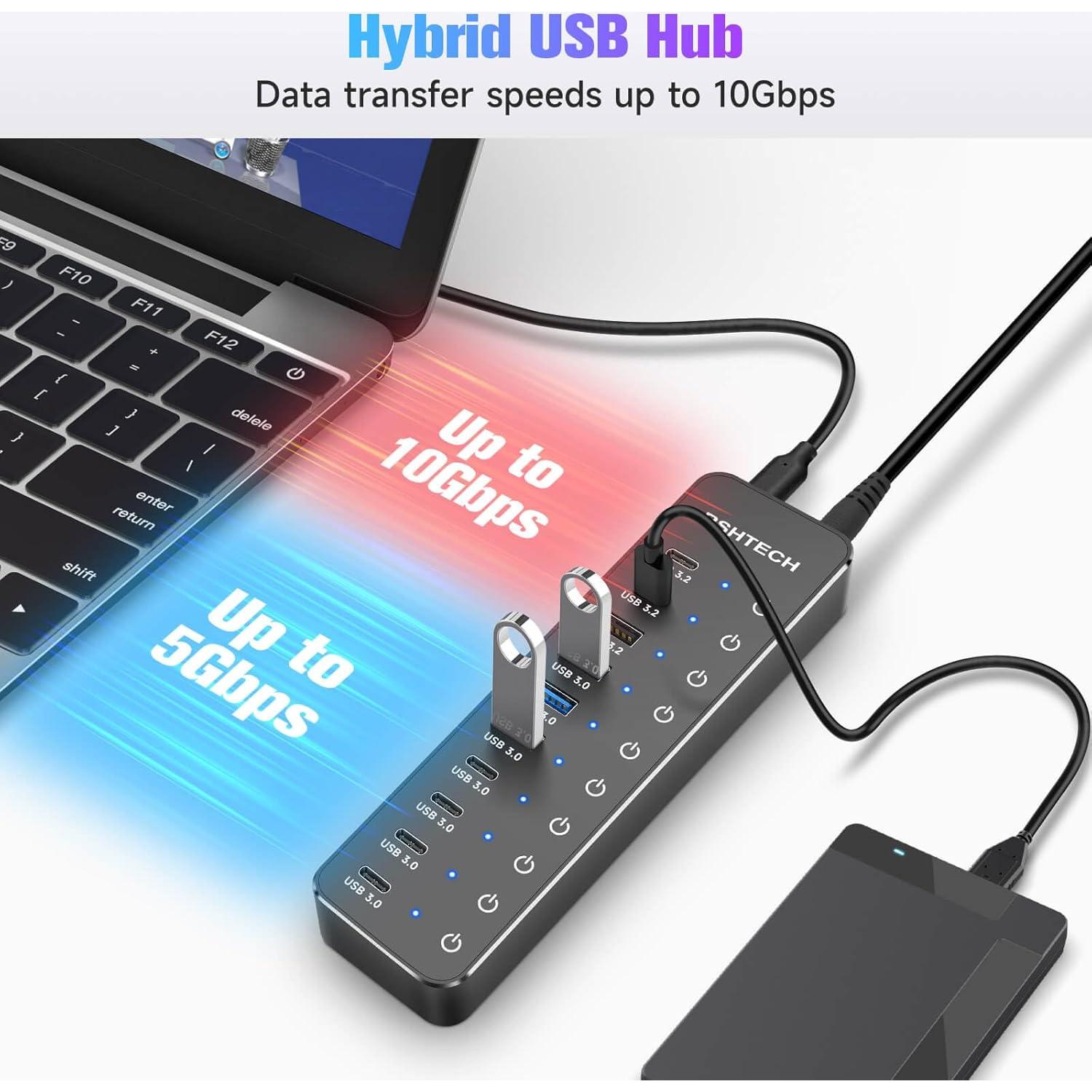 Hub USB 3.2 RSHTECH 10 Puertos 60W con Interruptores Táctiles