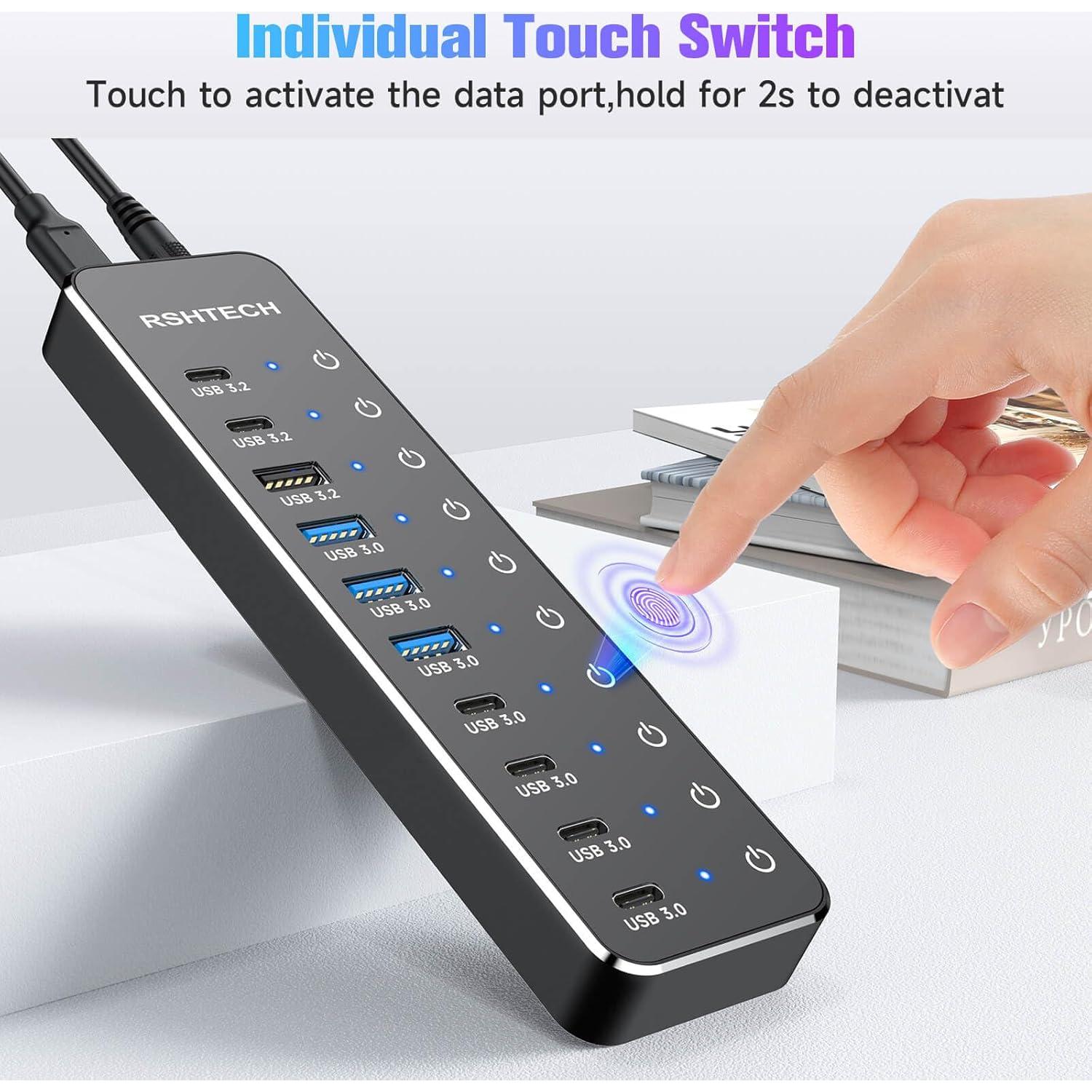 Hub USB 3.2 RSHTECH 10 Puertos 60W con Interruptores Táctiles