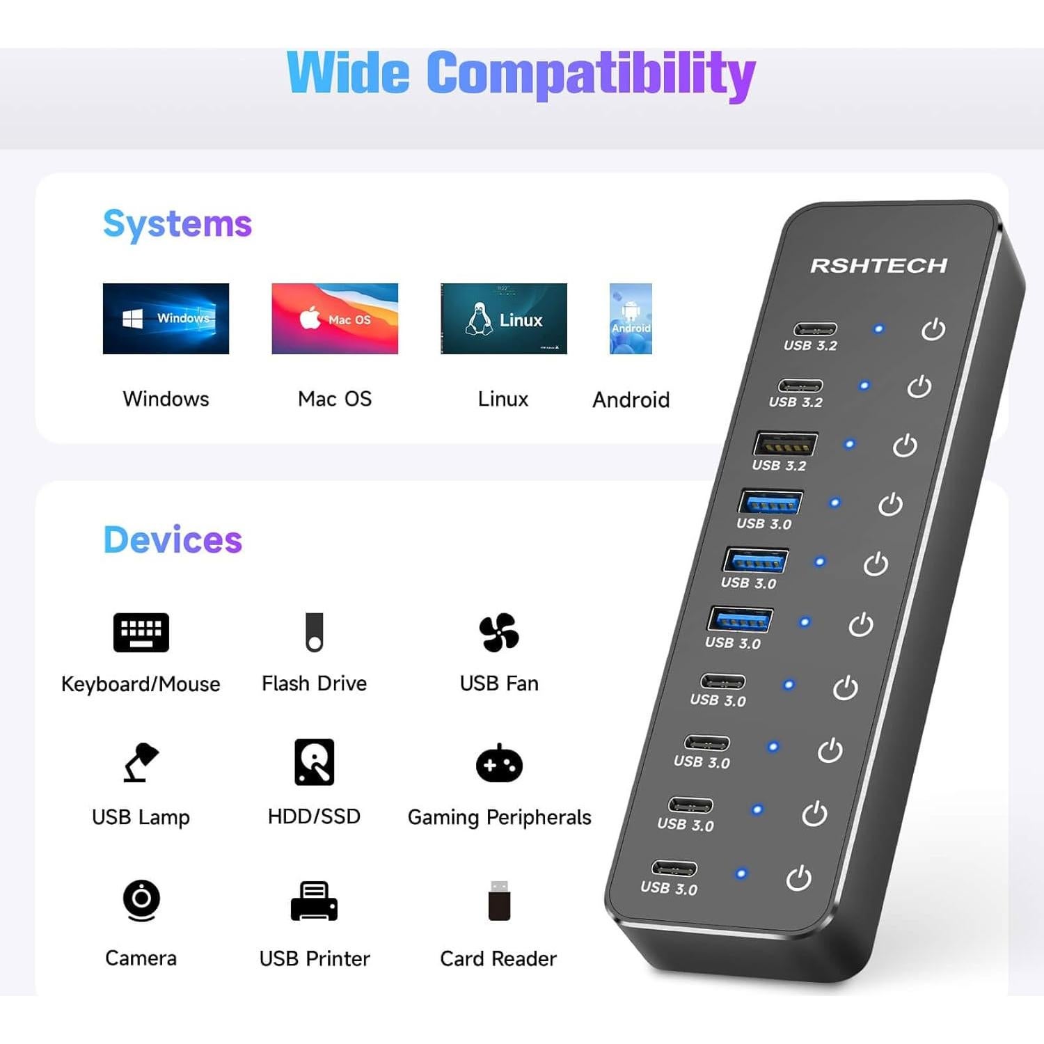 Hub USB 3.2 RSHTECH 10 Puertos 60W con Interruptores Táctiles