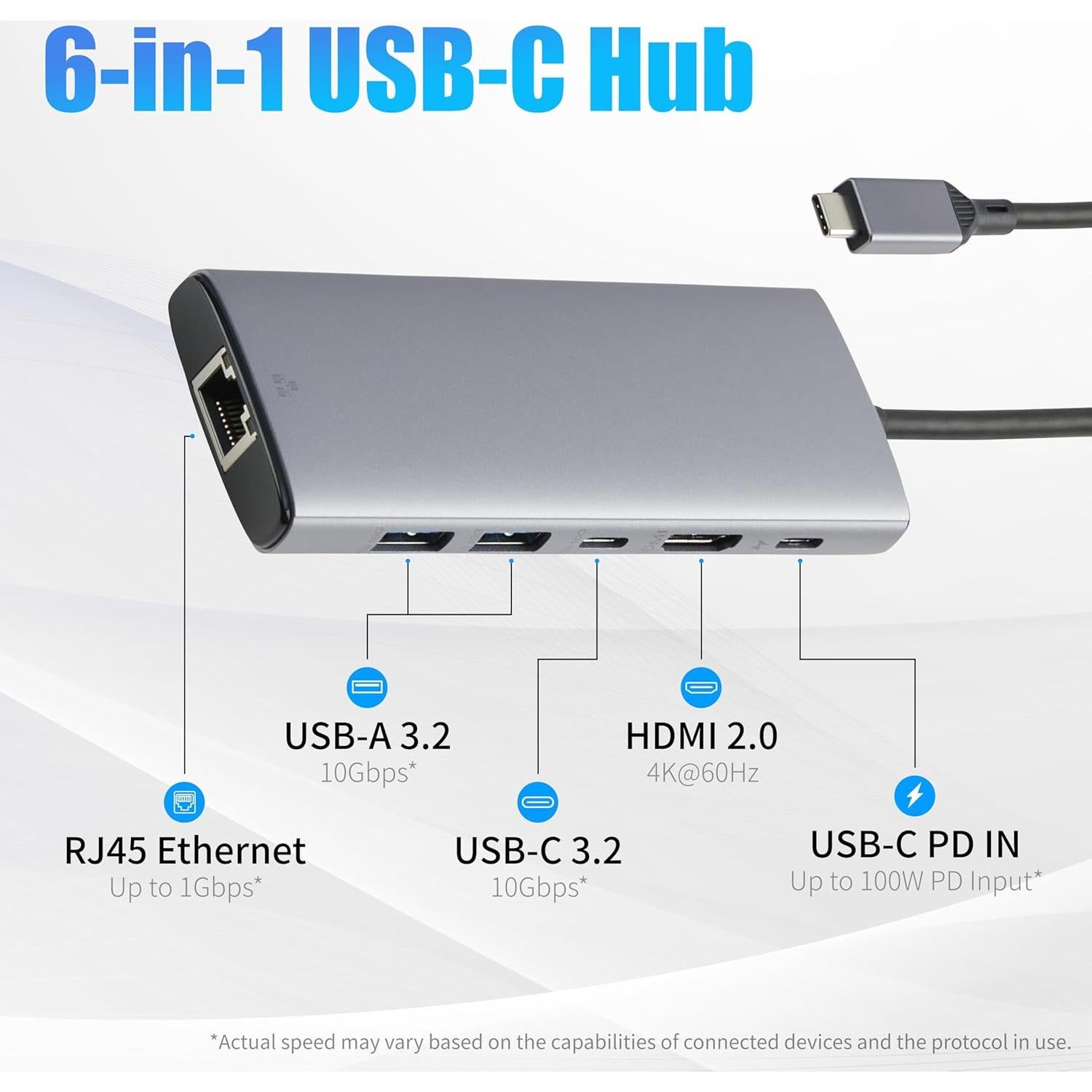 Hub USB-C 6-en-1 Amazon Basics con HDMI 4K y Ethernet