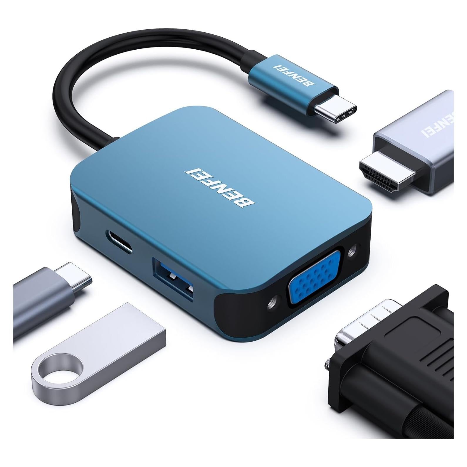 HUB USB-C 4-en-1 BENFEI a HDMI/VGA/USB, 60W, Azul