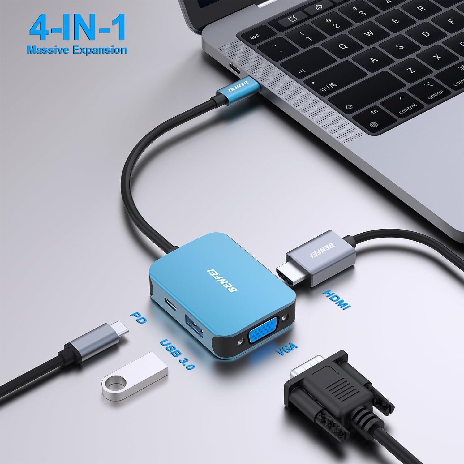 HUB USB-C 4-en-1 BENFEI a HDMI/VGA/USB, 60W, Azul