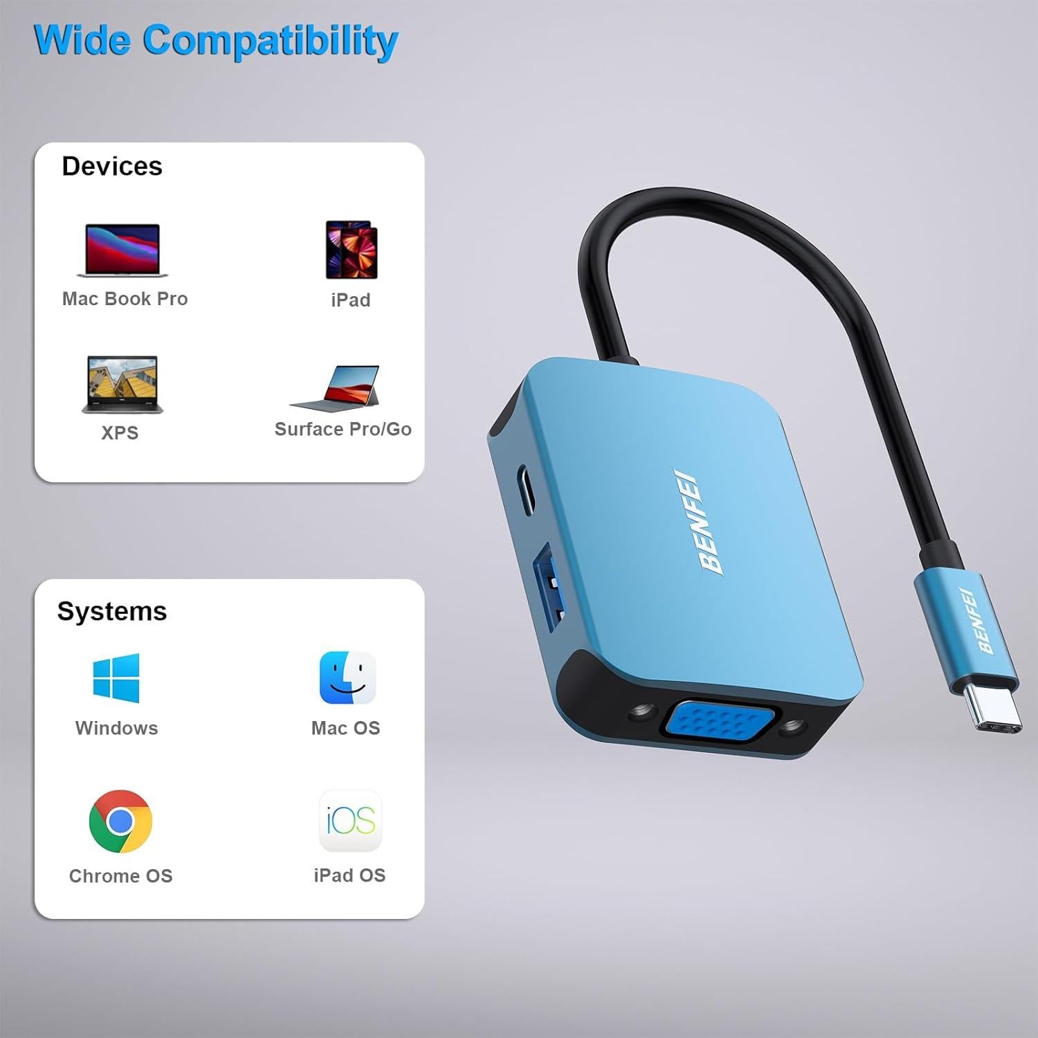HUB USB-C 4-en-1 BENFEI a HDMI/VGA/USB, 60W, Azul