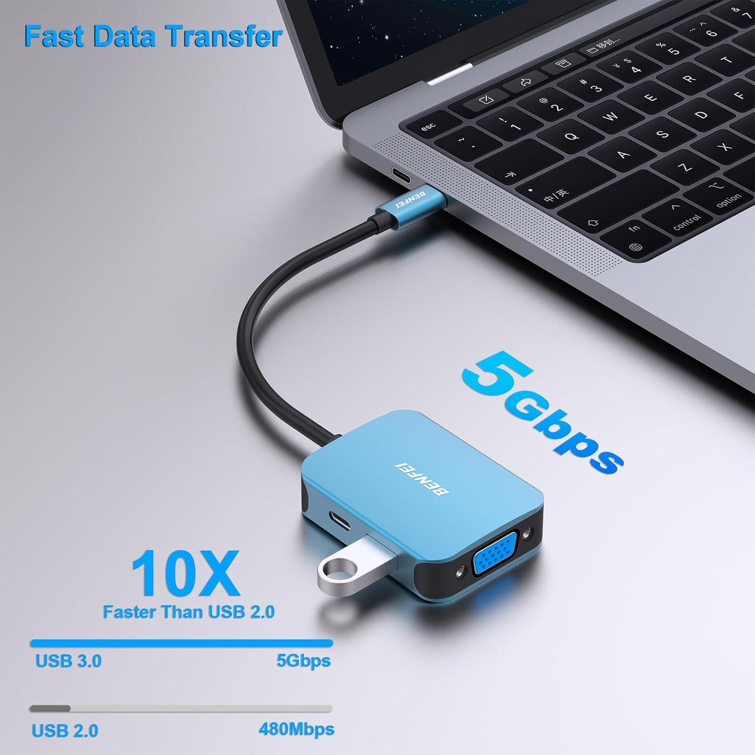 HUB USB-C 4-en-1 BENFEI a HDMI/VGA/USB, 60W, Azul