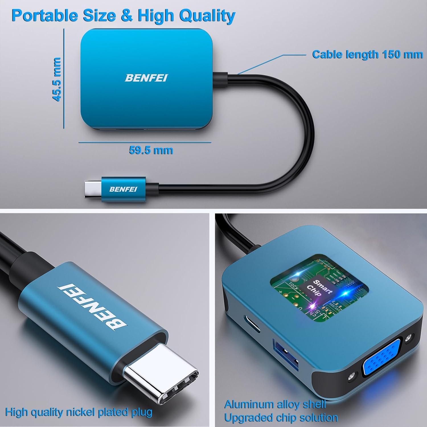 HUB USB-C 4-en-1 BENFEI a HDMI/VGA/USB, 60W, Azul