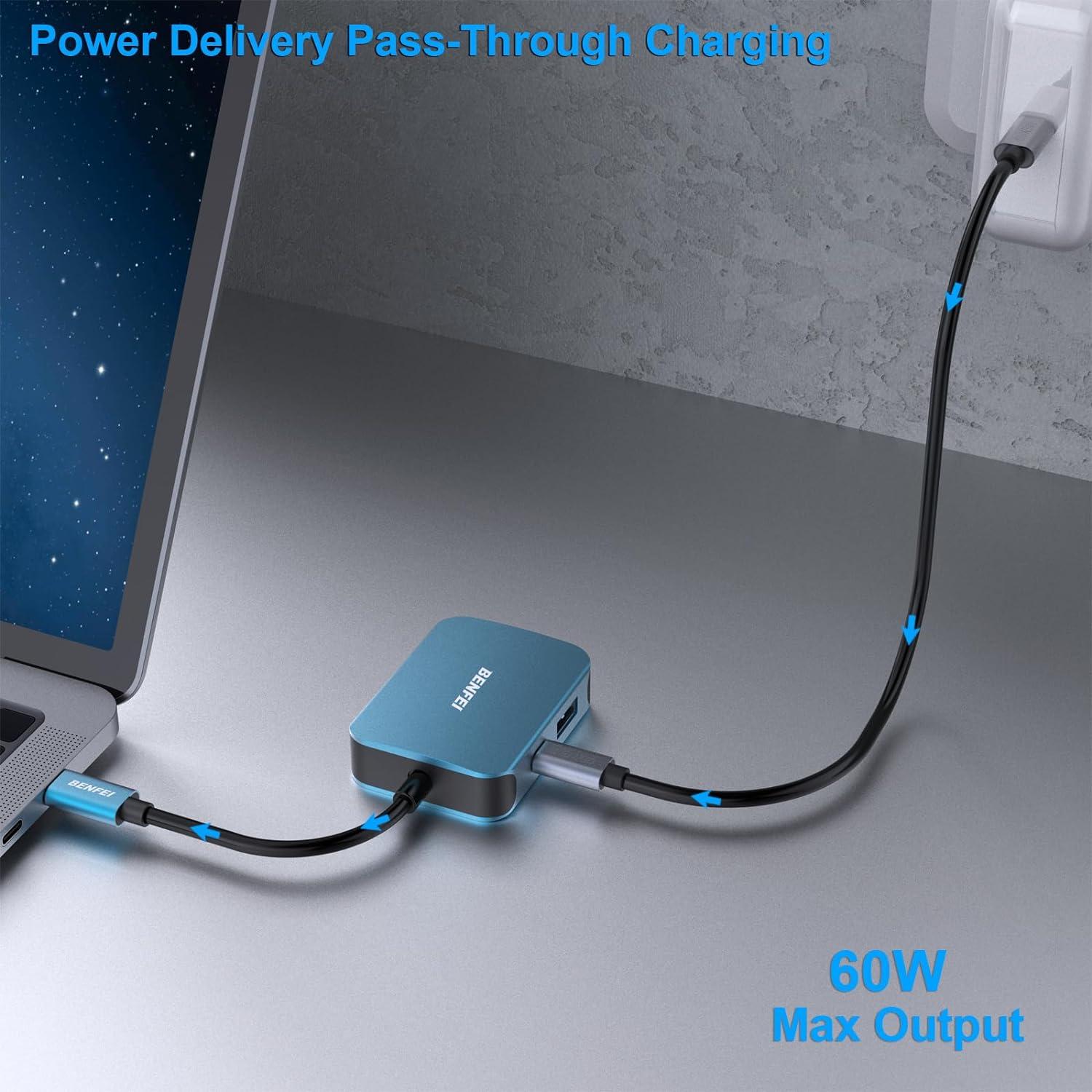 HUB USB-C 4-en-1 BENFEI a HDMI/VGA/USB, 60W, Azul