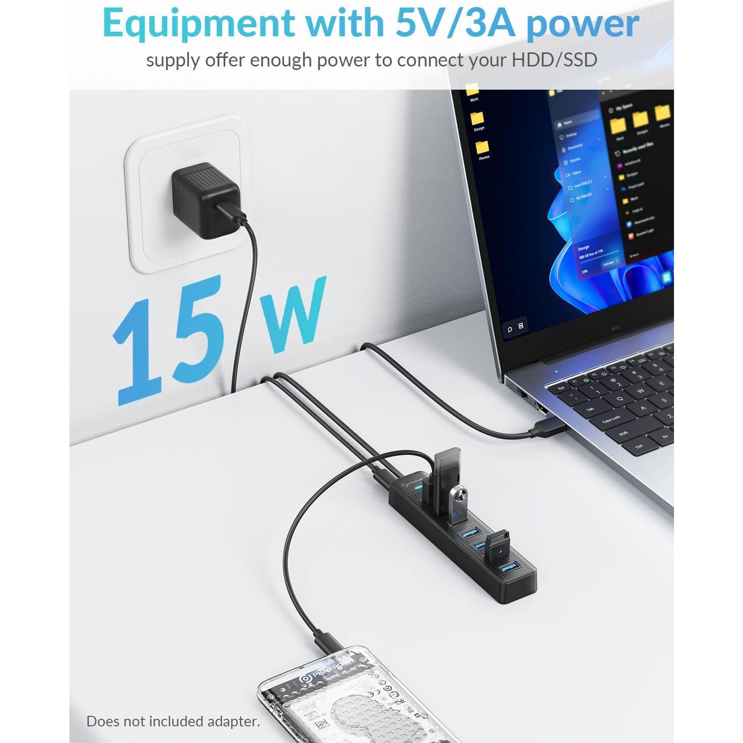 Hub USB 3.0 PHIXERO 7 Puertos con Cable de 1m para PC