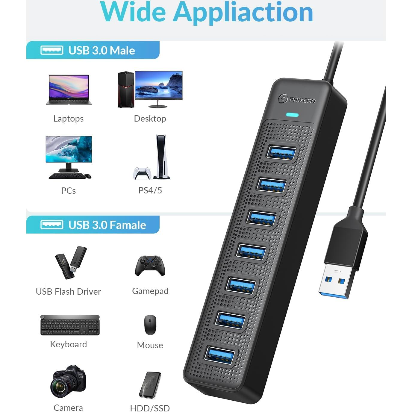 Hub USB 3.0 PHIXERO 7 Puertos con Cable de 1m para PC