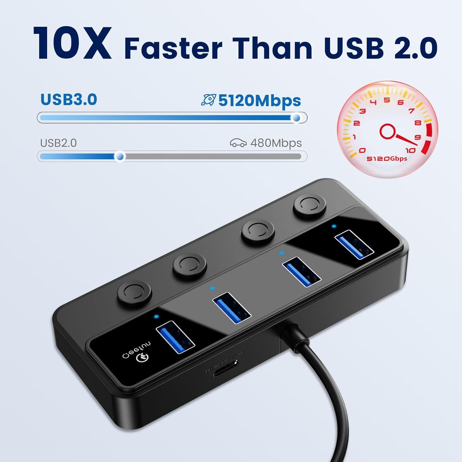 Hub USB 3.0 Qeefun 4 Puertos con Interruptores LED 0.61m