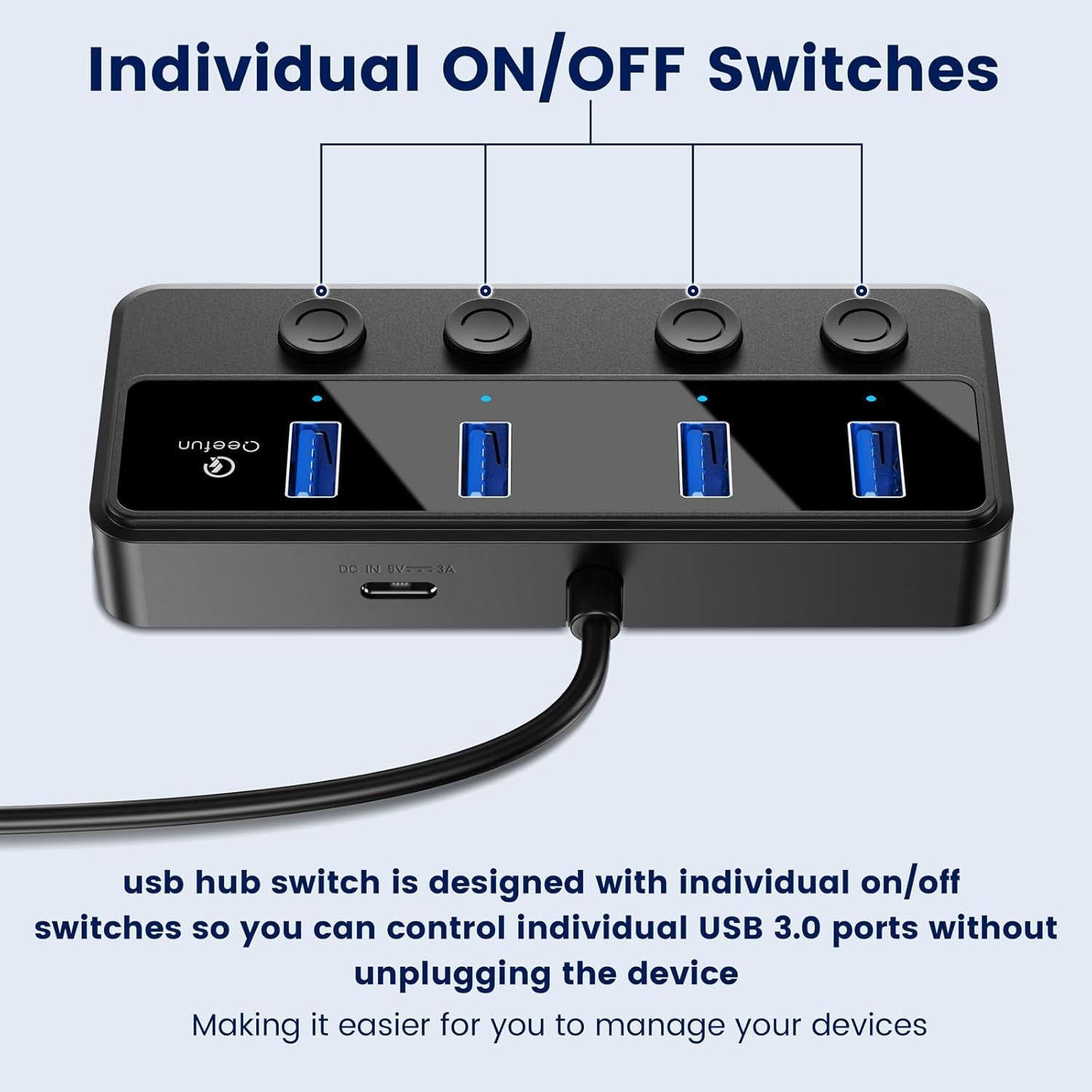 Hub USB 3.0 Qeefun 4 Puertos con Interruptores LED 0.61m