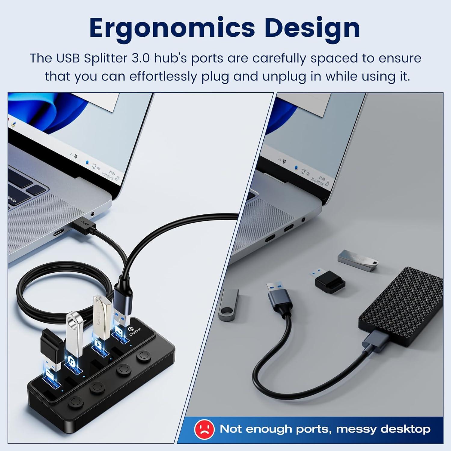 Hub USB 3.0 Qeefun 4 Puertos con Interruptores LED 0.61m