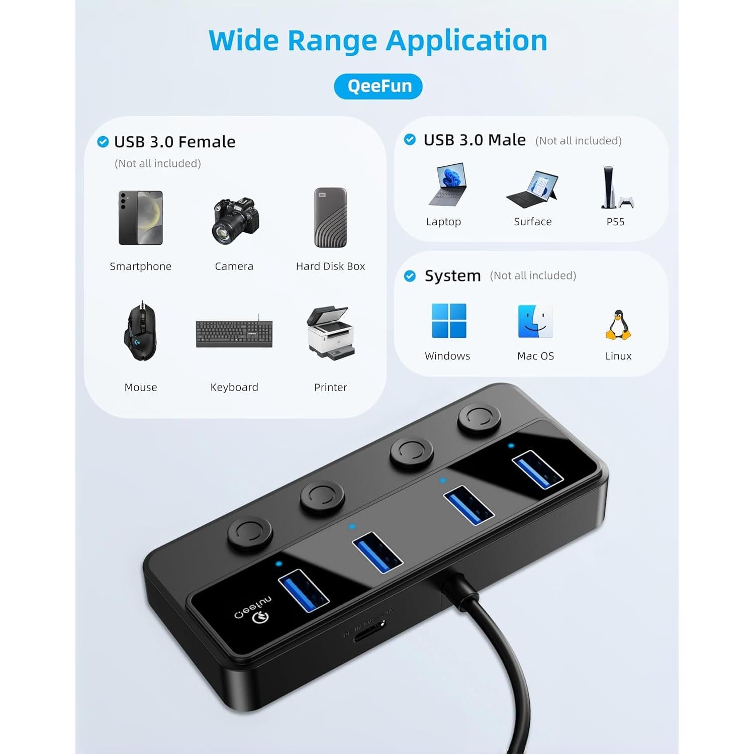 Hub USB 3.0 Qeefun 4 Puertos con Interruptores LED 0.61m