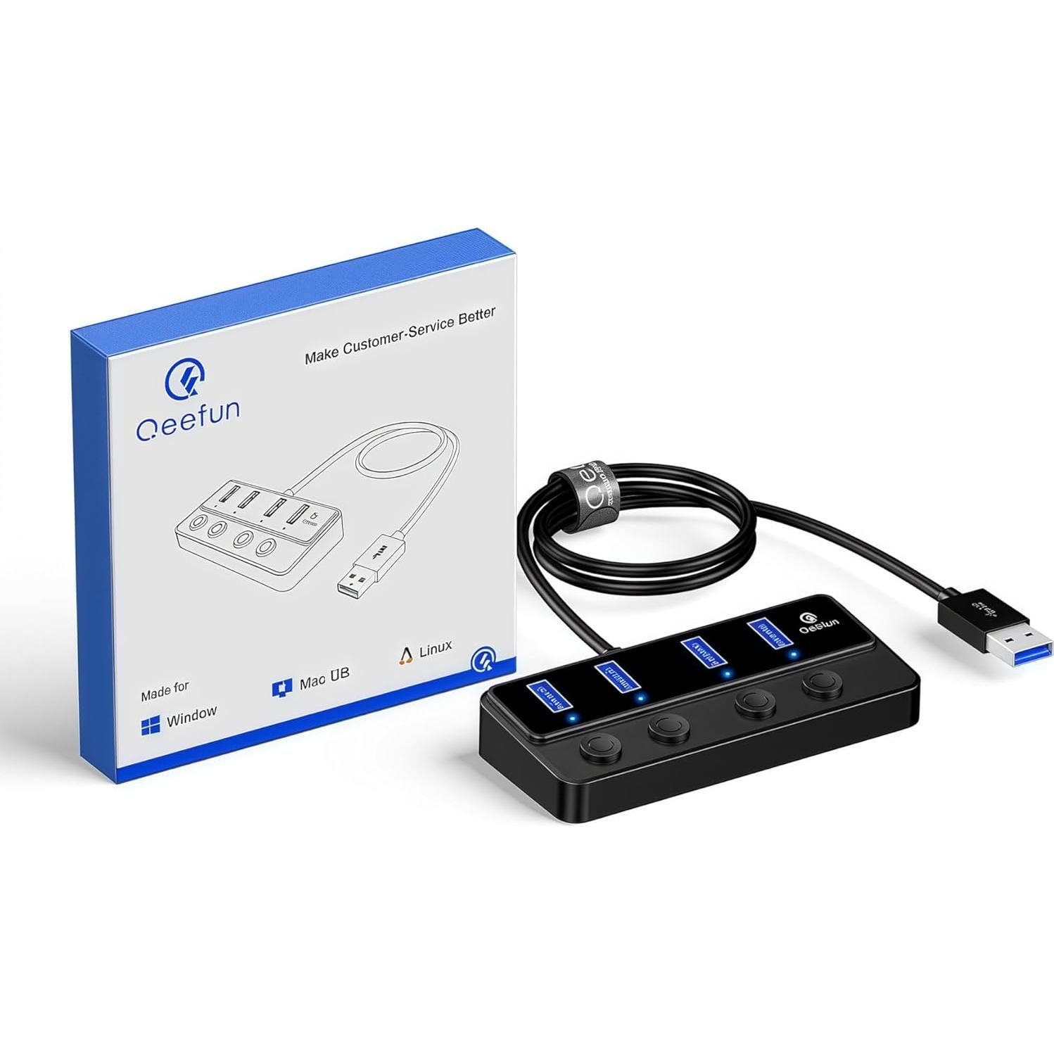 Hub USB 3.0 Qeefun 4 Puertos con Interruptores LED 0.61m