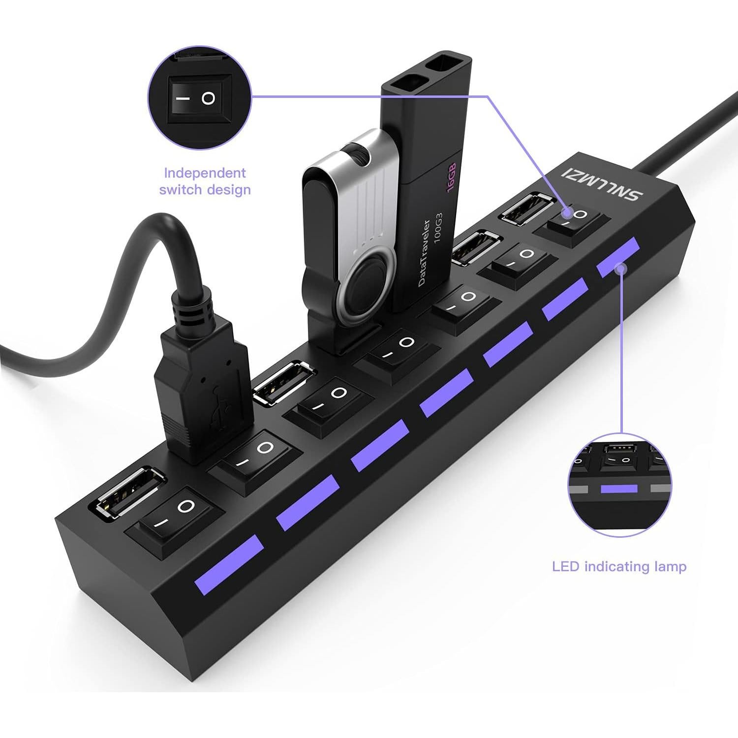 Hub USB 2.0 de 7 Puertos SNLLMZI Portátil LED Alta Velocidad