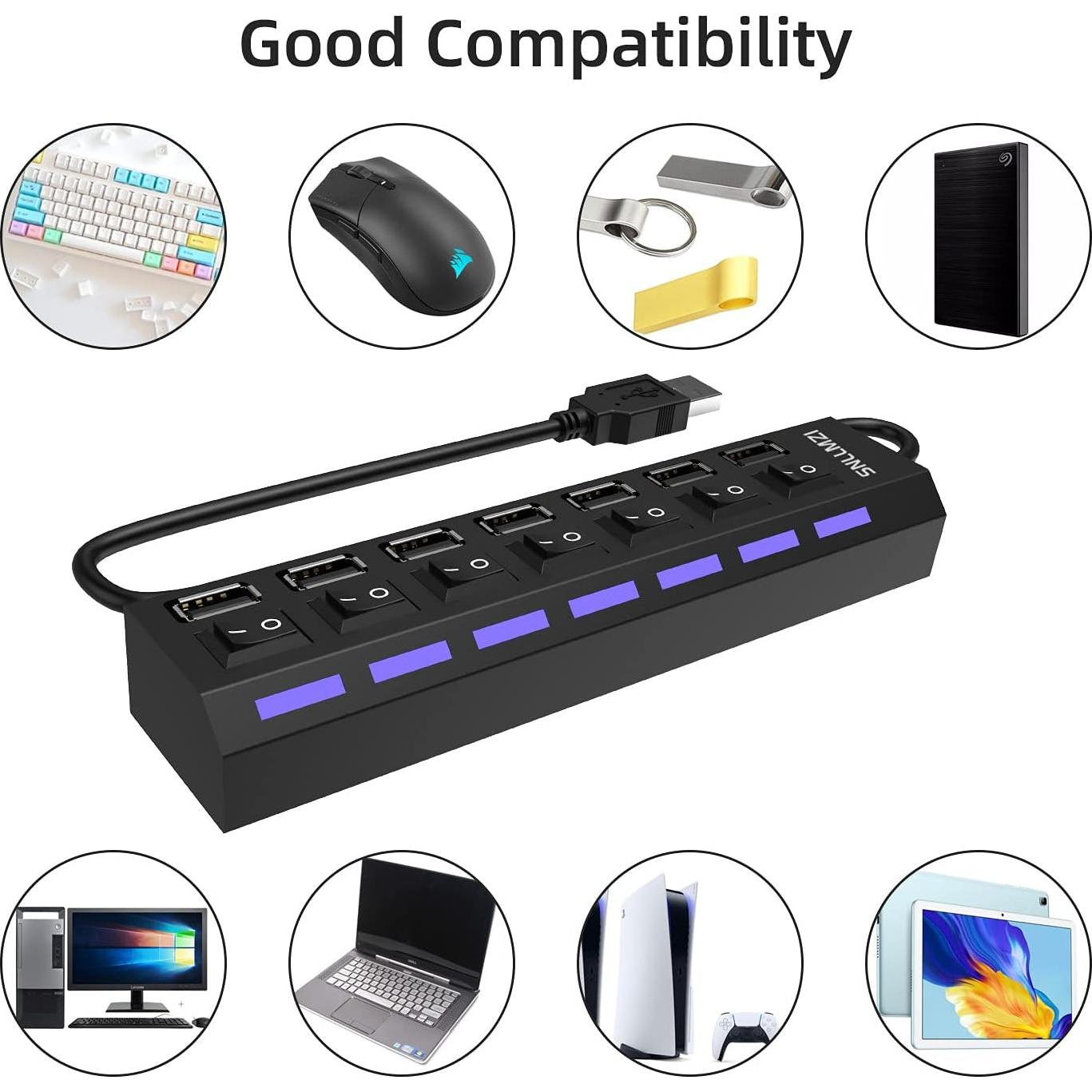 Hub USB 2.0 de 7 Puertos SNLLMZI Portátil LED Alta Velocidad