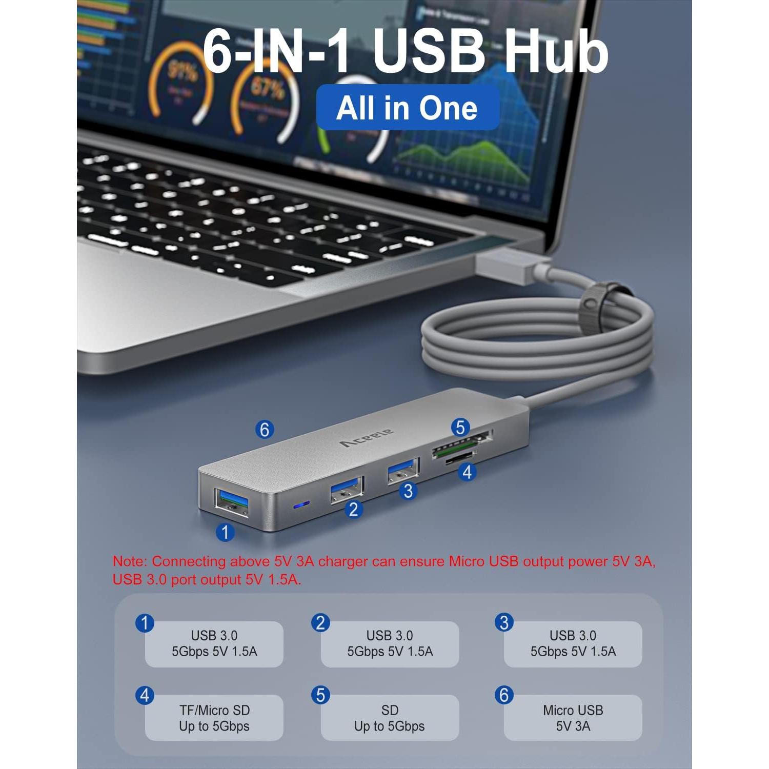 Hub USB 3.0 Aceele AC-T29 6 en 1 con Cable 1.2m