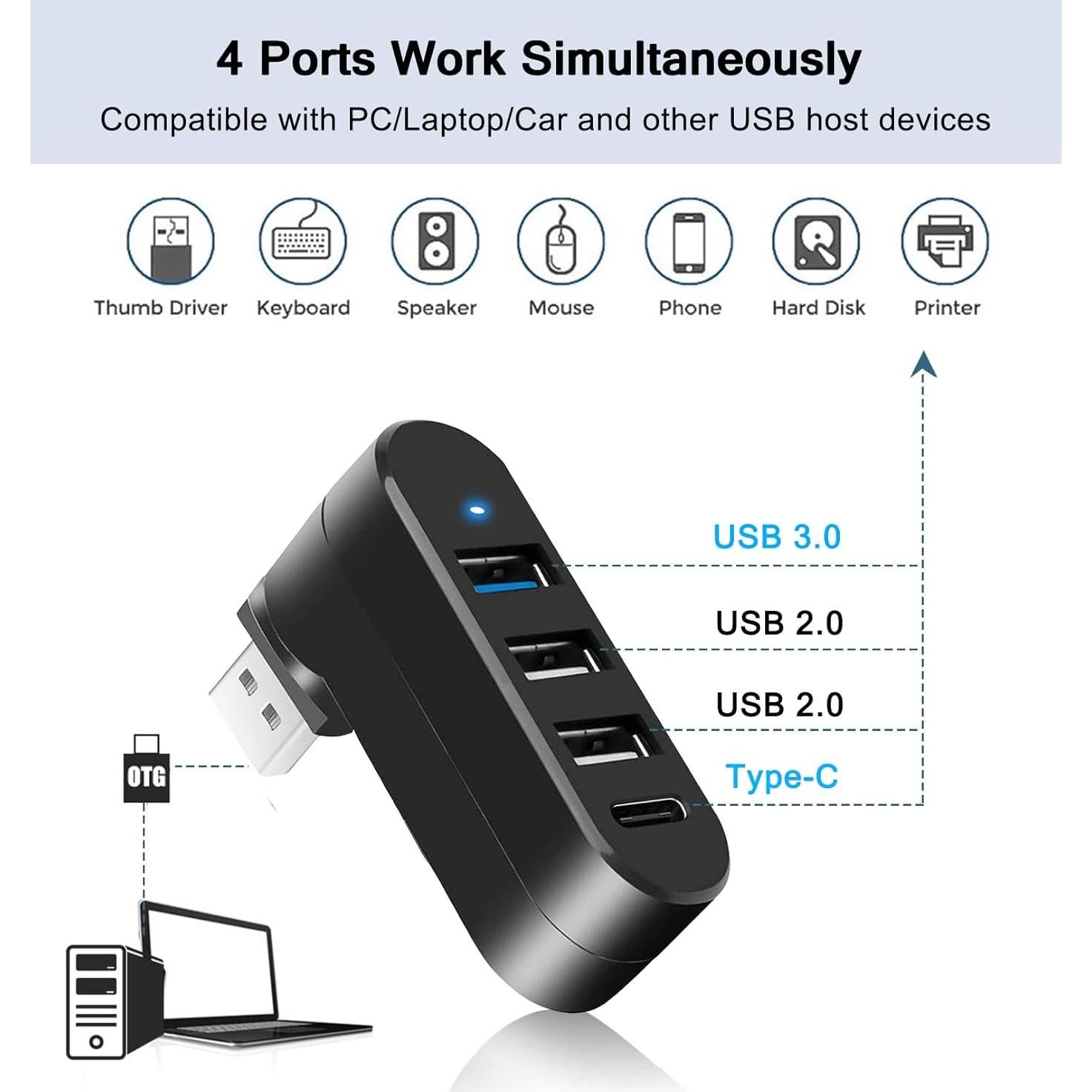 Hub USB 3.0 TIEDXIOY 4 Puertos + USB C Rotativo - Paquete de 2