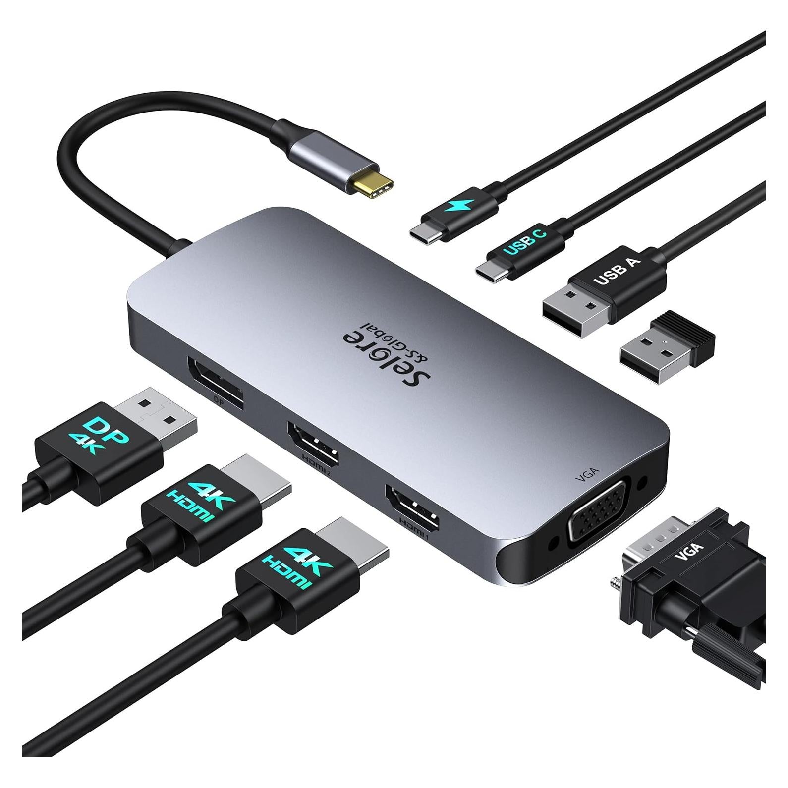 Adaptador USB C Selore con Doble HDMI 4K y Carga PD 100W