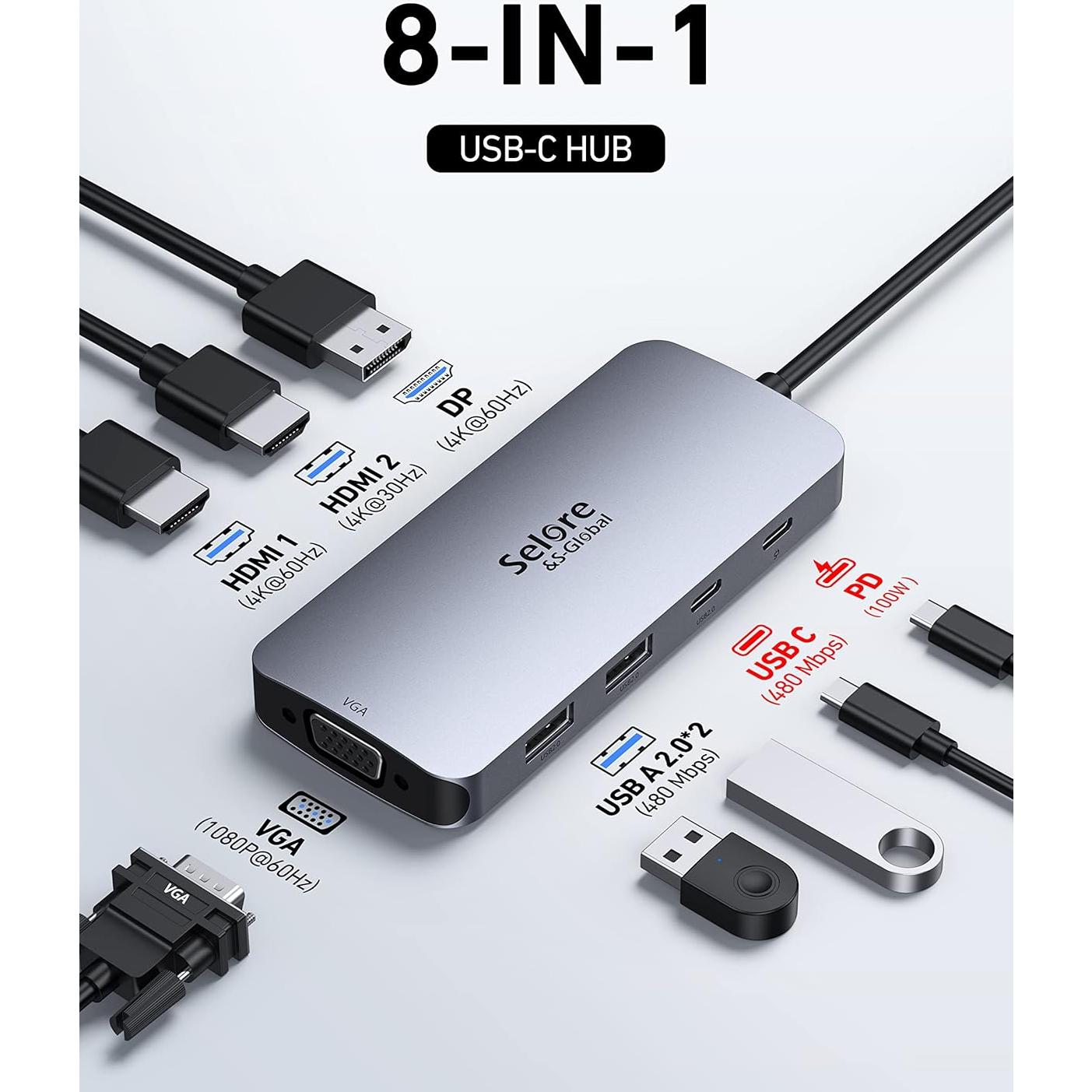 Adaptador USB C Selore con Doble HDMI 4K y Carga PD 100W