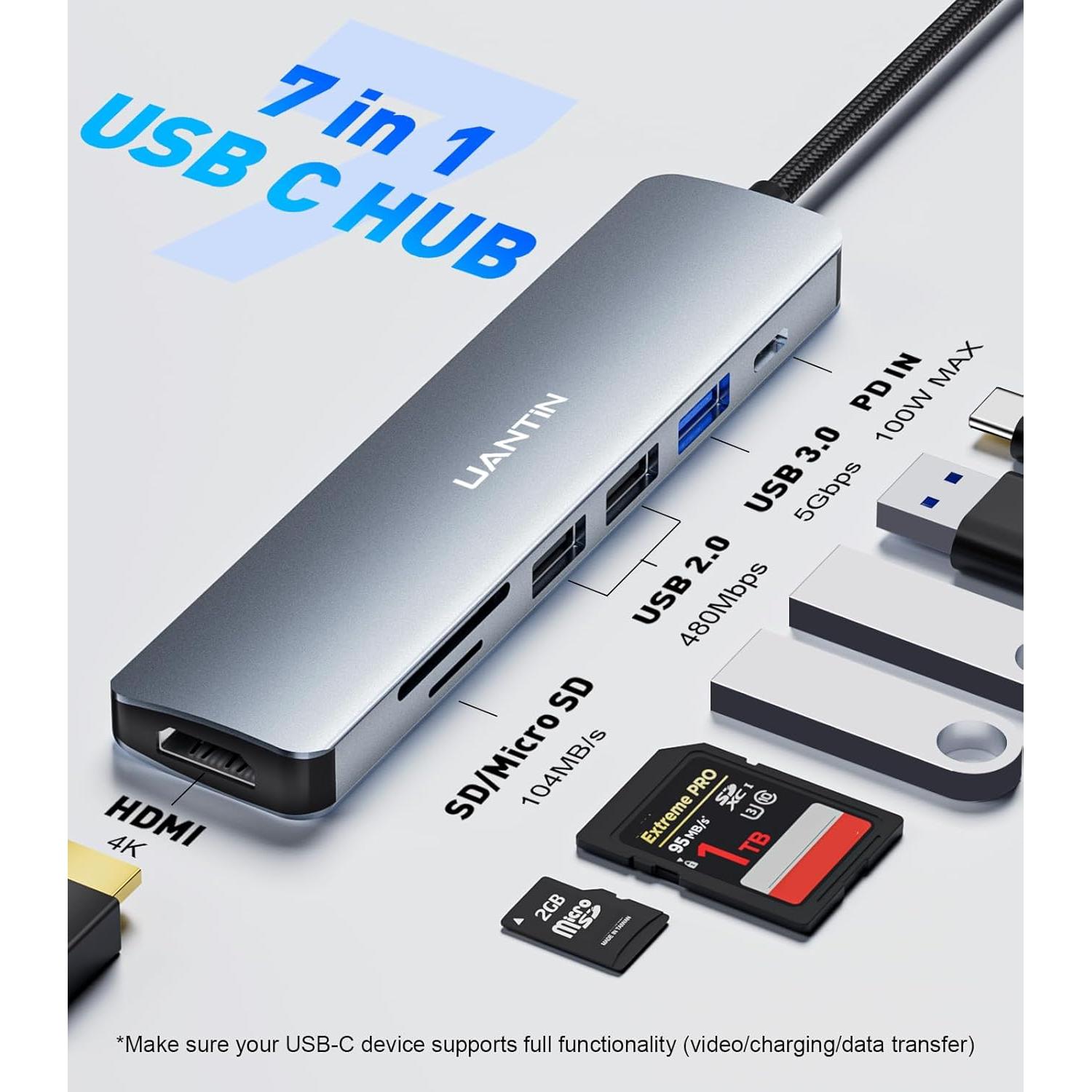 Adaptador Multiport USB C 7 en 1 UANTIN con HDMI 4K y 100W PD