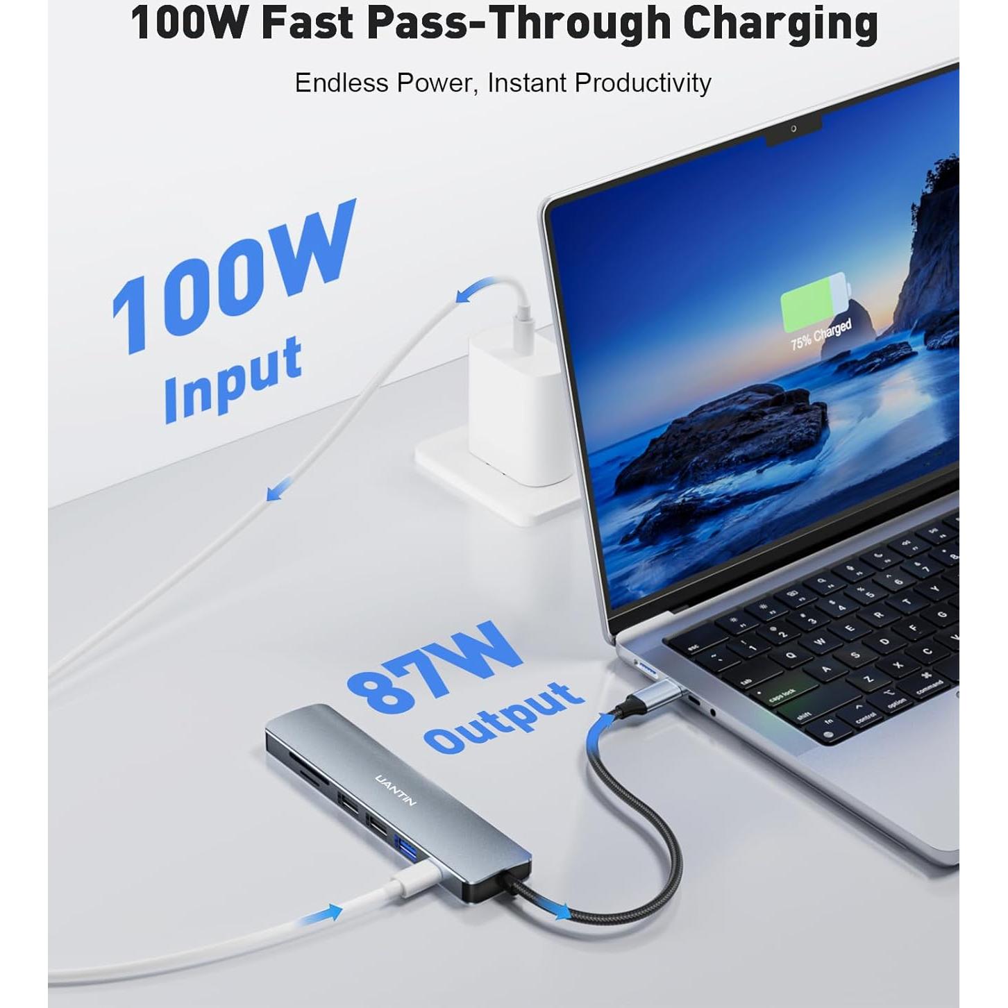 Adaptador Multiport USB C 7 en 1 UANTIN con HDMI 4K y 100W PD