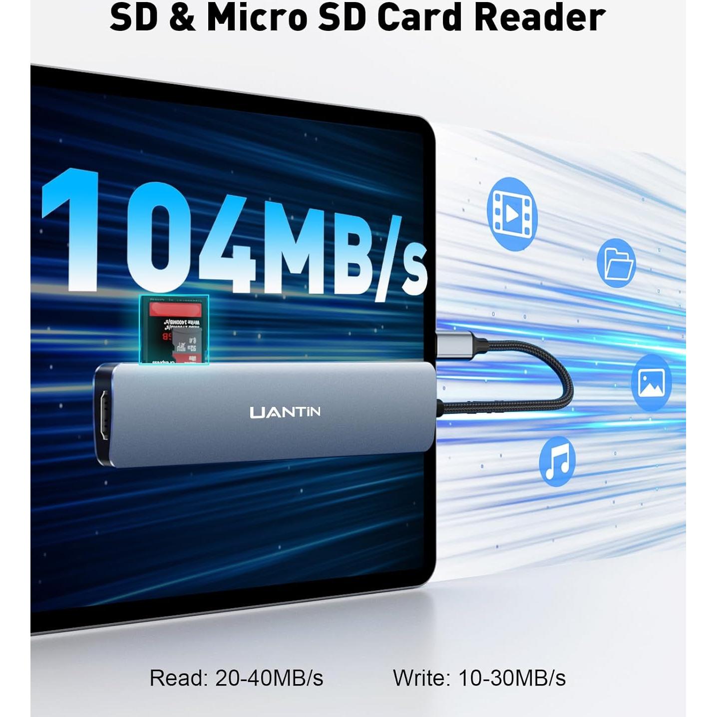 Adaptador Multiport USB C 7 en 1 UANTIN con HDMI 4K y 100W PD