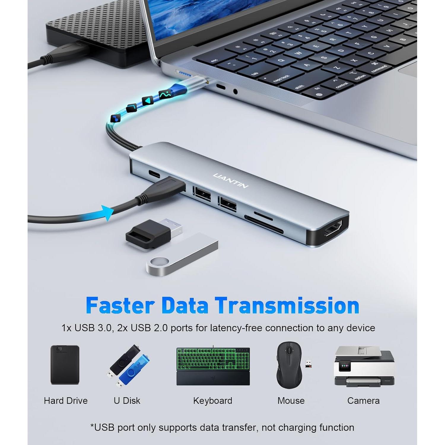 Adaptador Multiport USB C 7 en 1 UANTIN con HDMI 4K y 100W PD