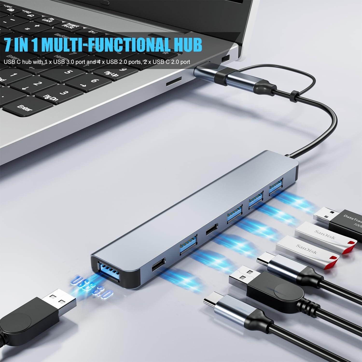 Hub USB C 7 en 1 PANPEO con 5 puertos USB 3.0 y 2.0
