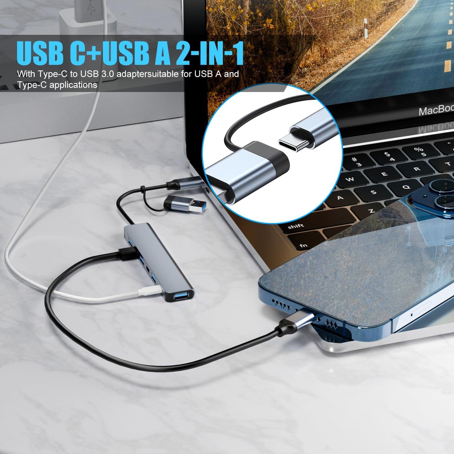 Hub USB C 7 en 1 PANPEO con 5 puertos USB 3.0 y 2.0