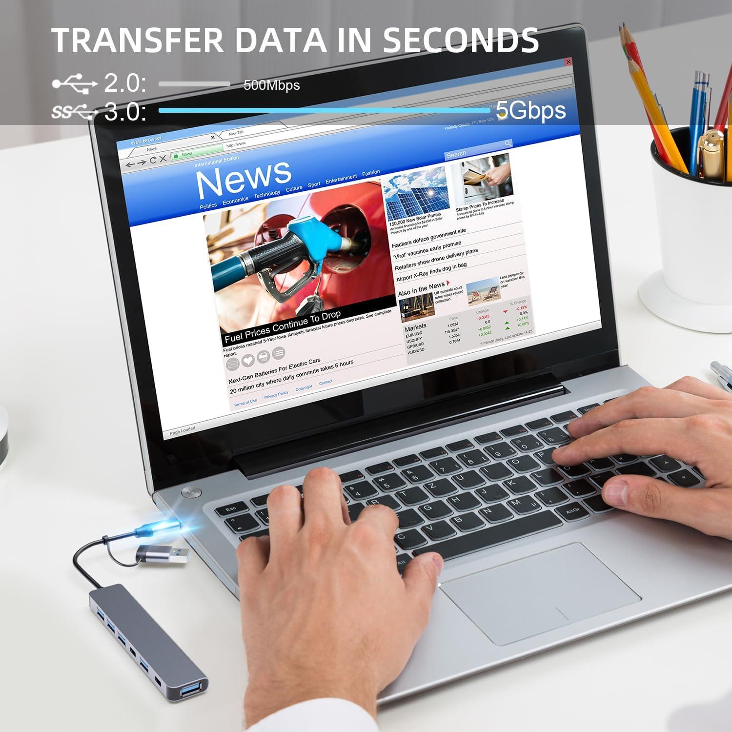 Hub USB C 7 en 1 PANPEO con 5 puertos USB 3.0 y 2.0