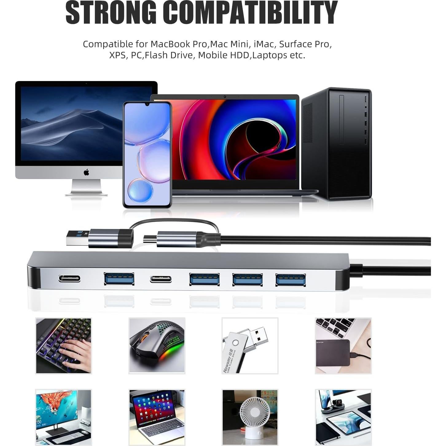 Hub USB C 7 en 1 PANPEO con 5 puertos USB 3.0 y 2.0