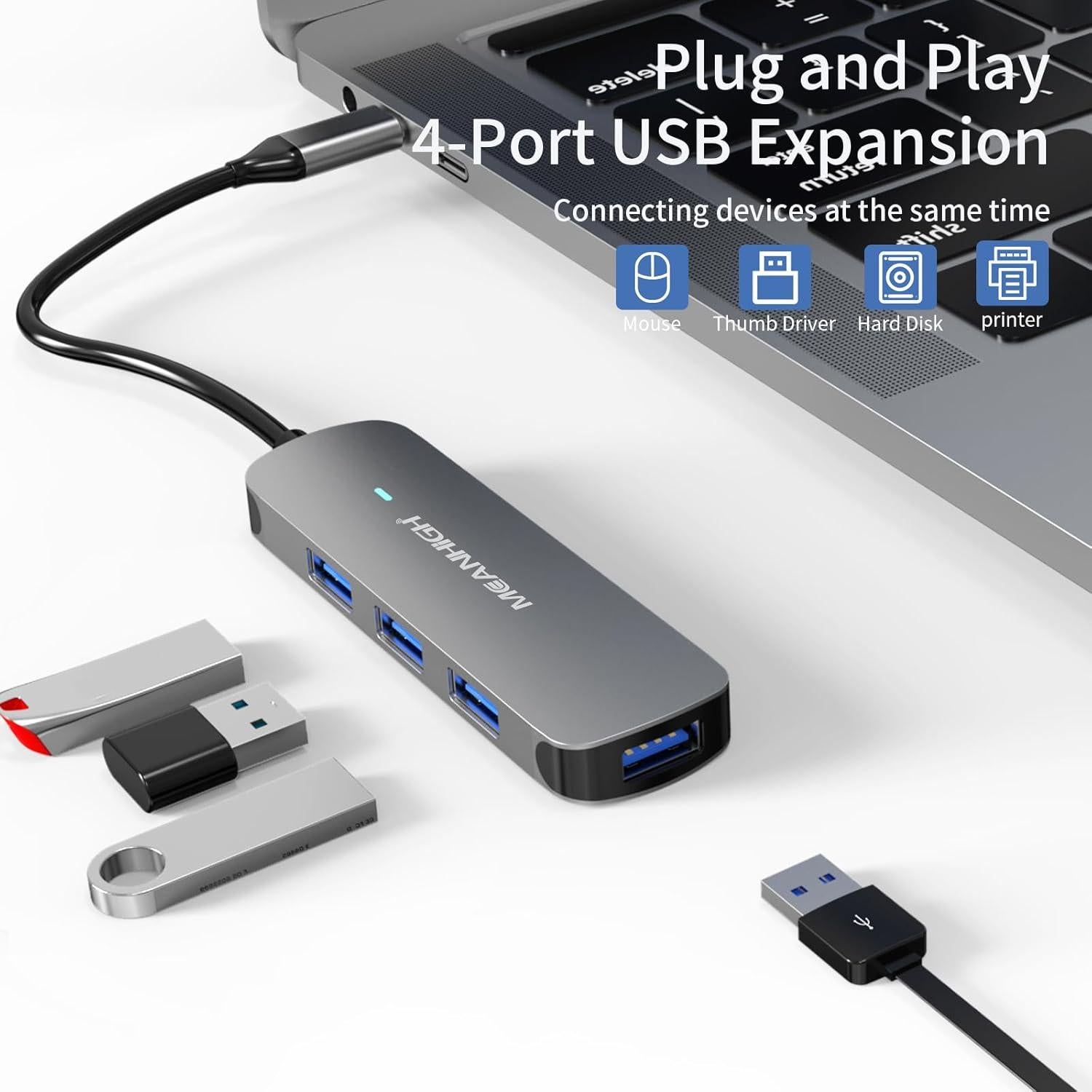 Hub USB C MEANHIGH 4 Puertos USB 3.0 para Laptop Gris
