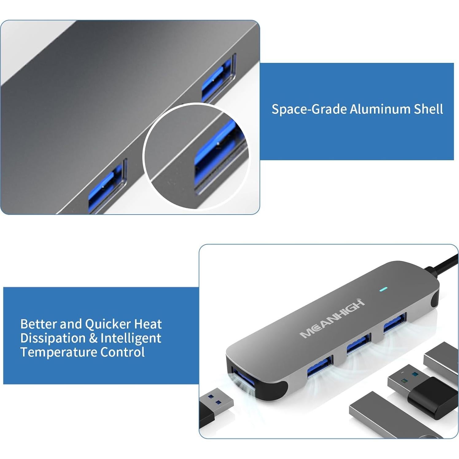 Hub USB C MEANHIGH 4 Puertos USB 3.0 para Laptop Gris