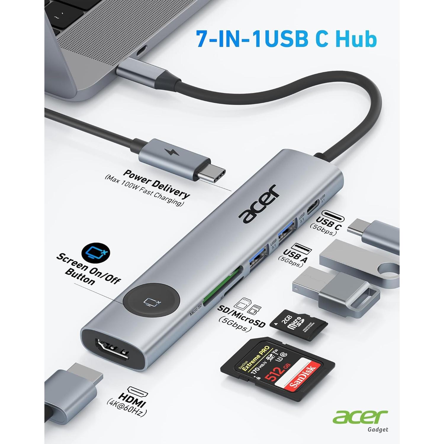 Adaptador USB C a HDMI Acer 7 en 1 4K 60Hz Gris