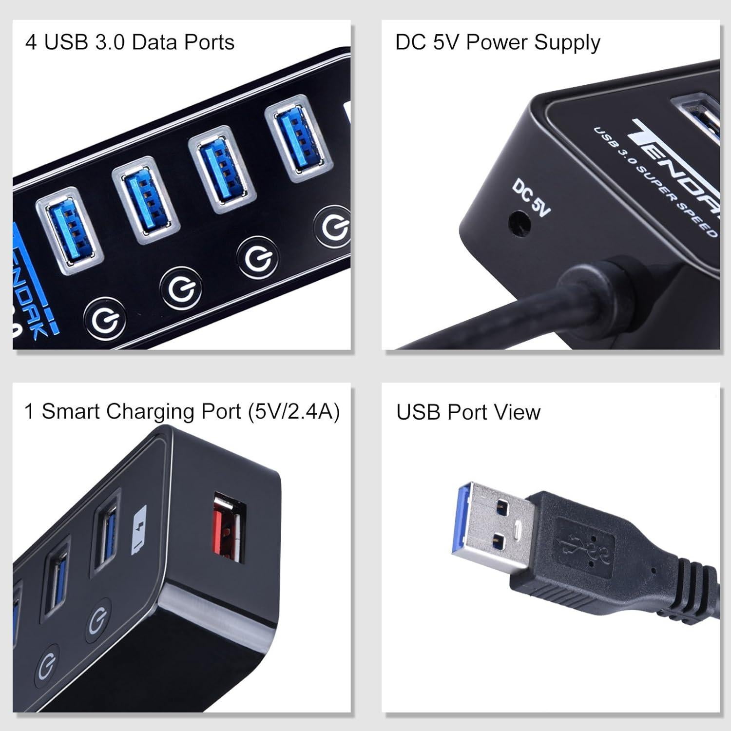 Hub USB 3.0 Tendak CP-029-BK con 4 puertos y carga